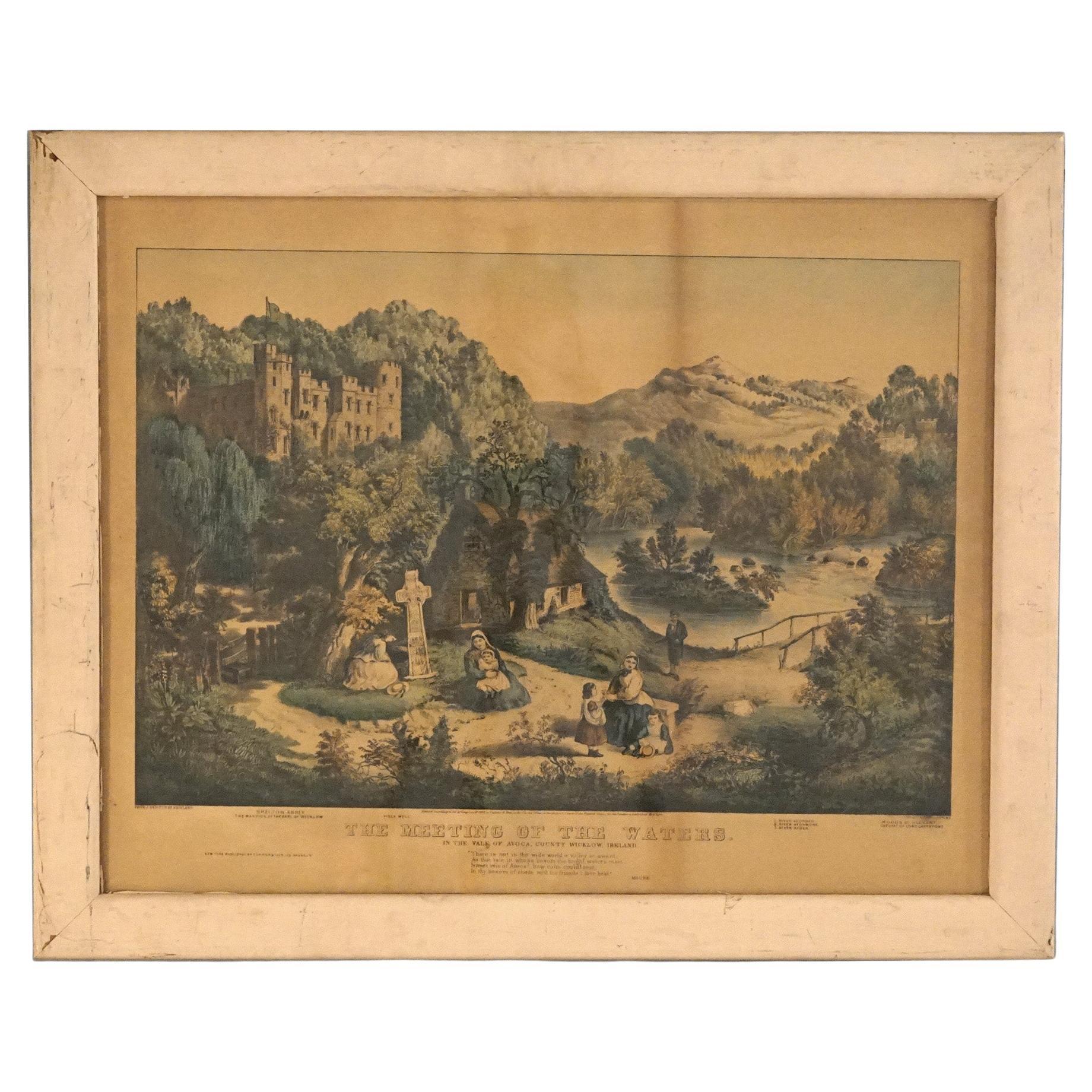 Antique Currier & Ives Print - The Meeting Of The Waters 19th C