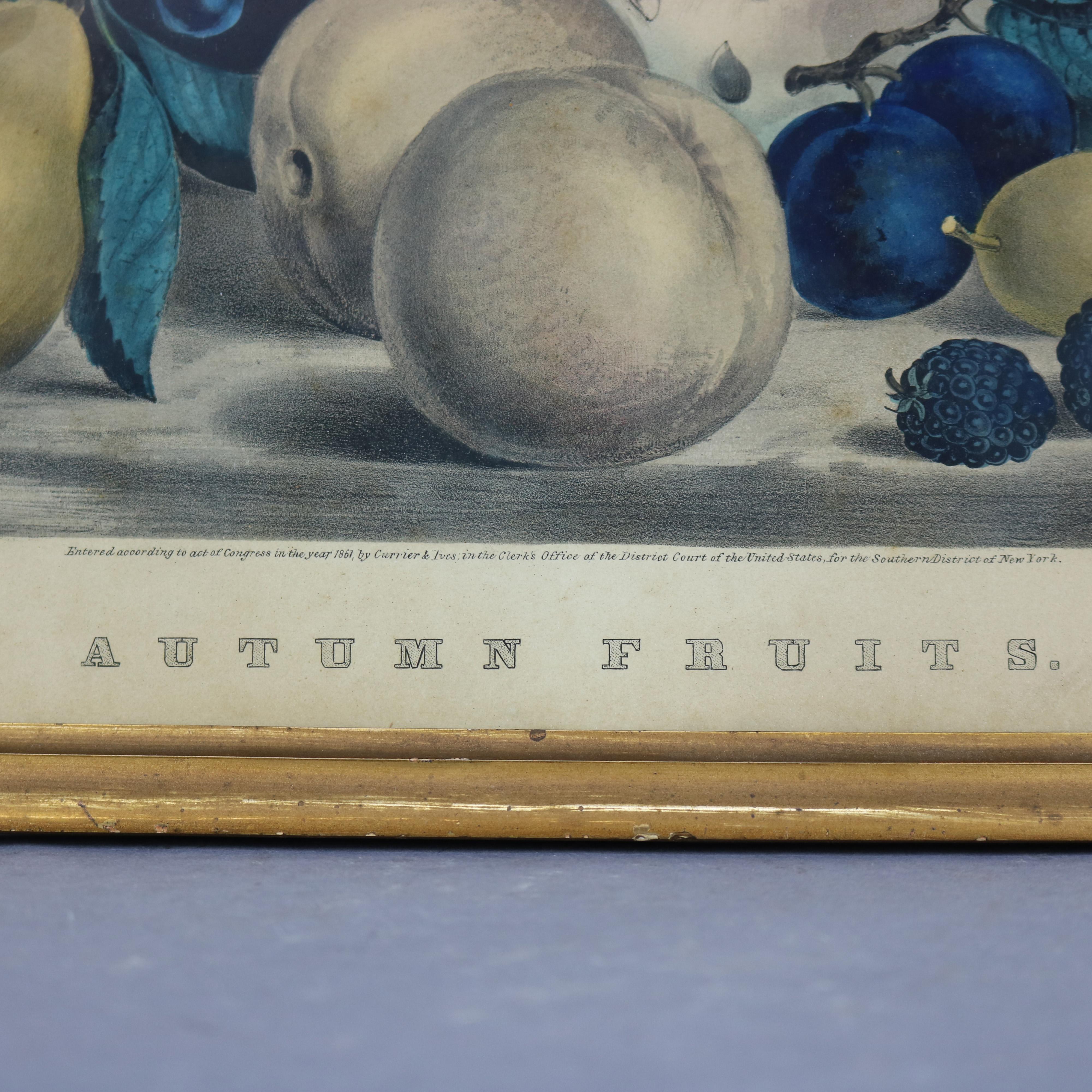 Carved Antique Currier & Ives Still Life Lithograph in Gilt Frame, Autumn Fruits