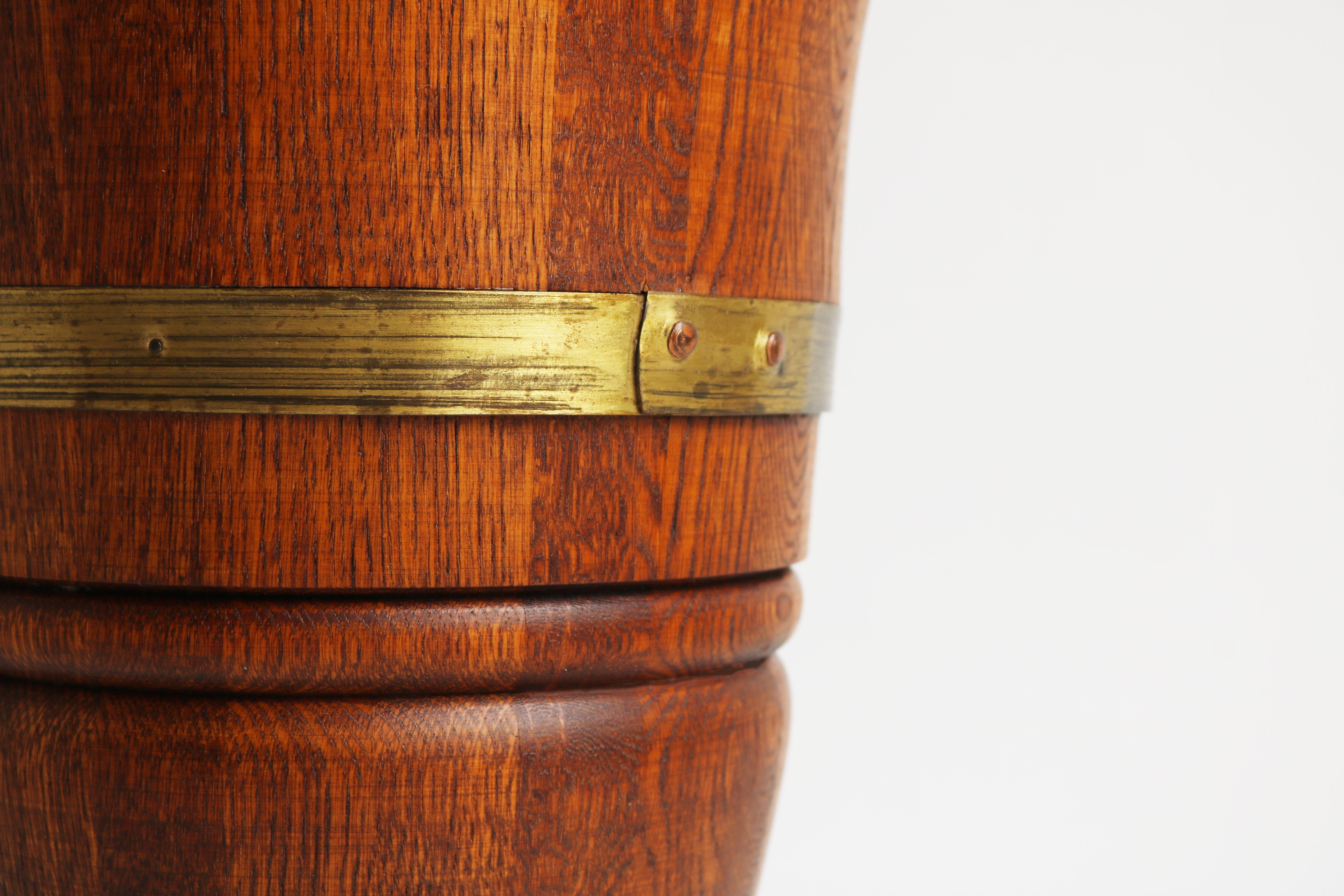 Antique Curved Barrel Umbrella Stand Solid Oak Brass English 1900s Sticks Holder 4