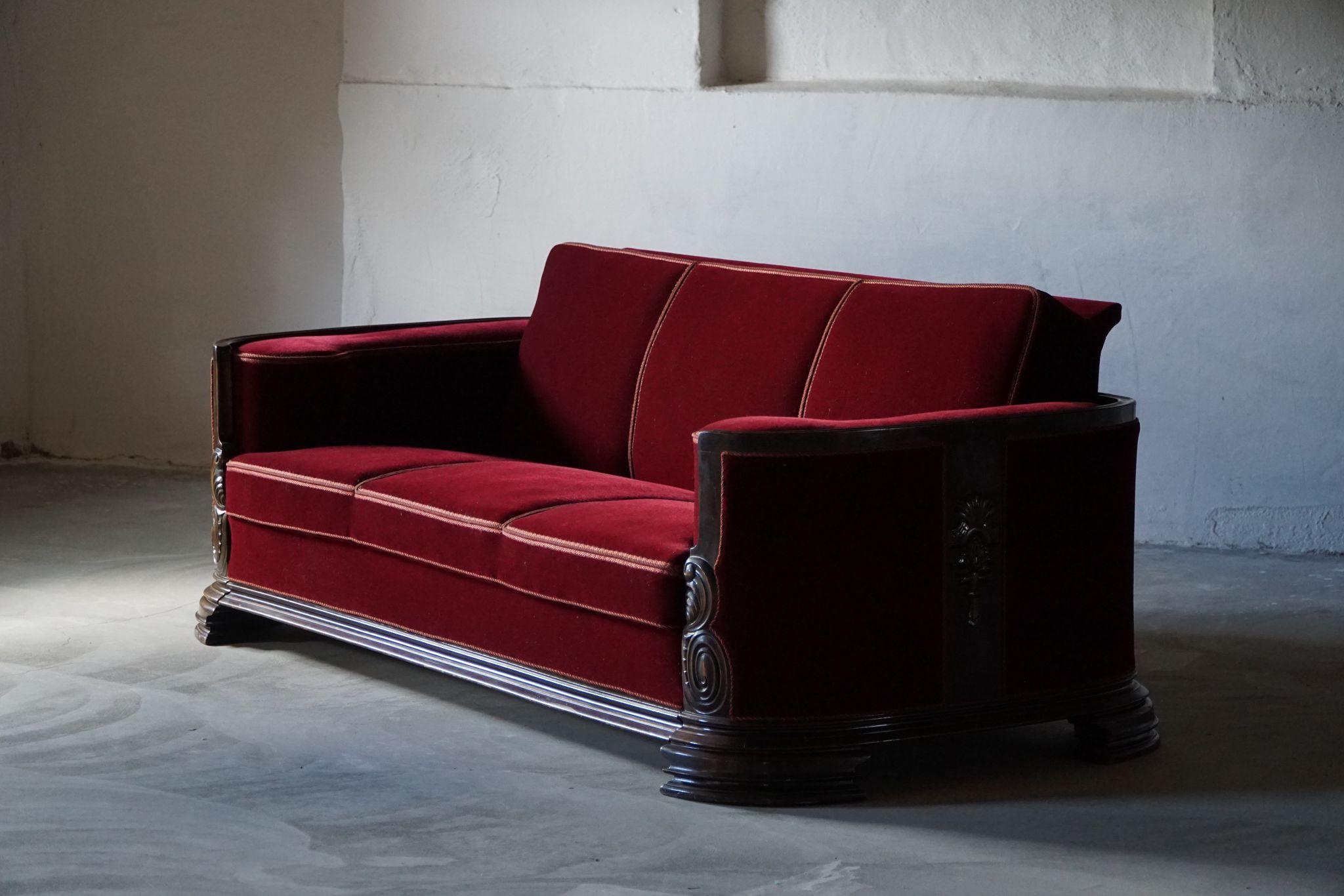 Art Deco Antique Curved Danish Three Seater Sofa in Velvet, Empire, 19th Century