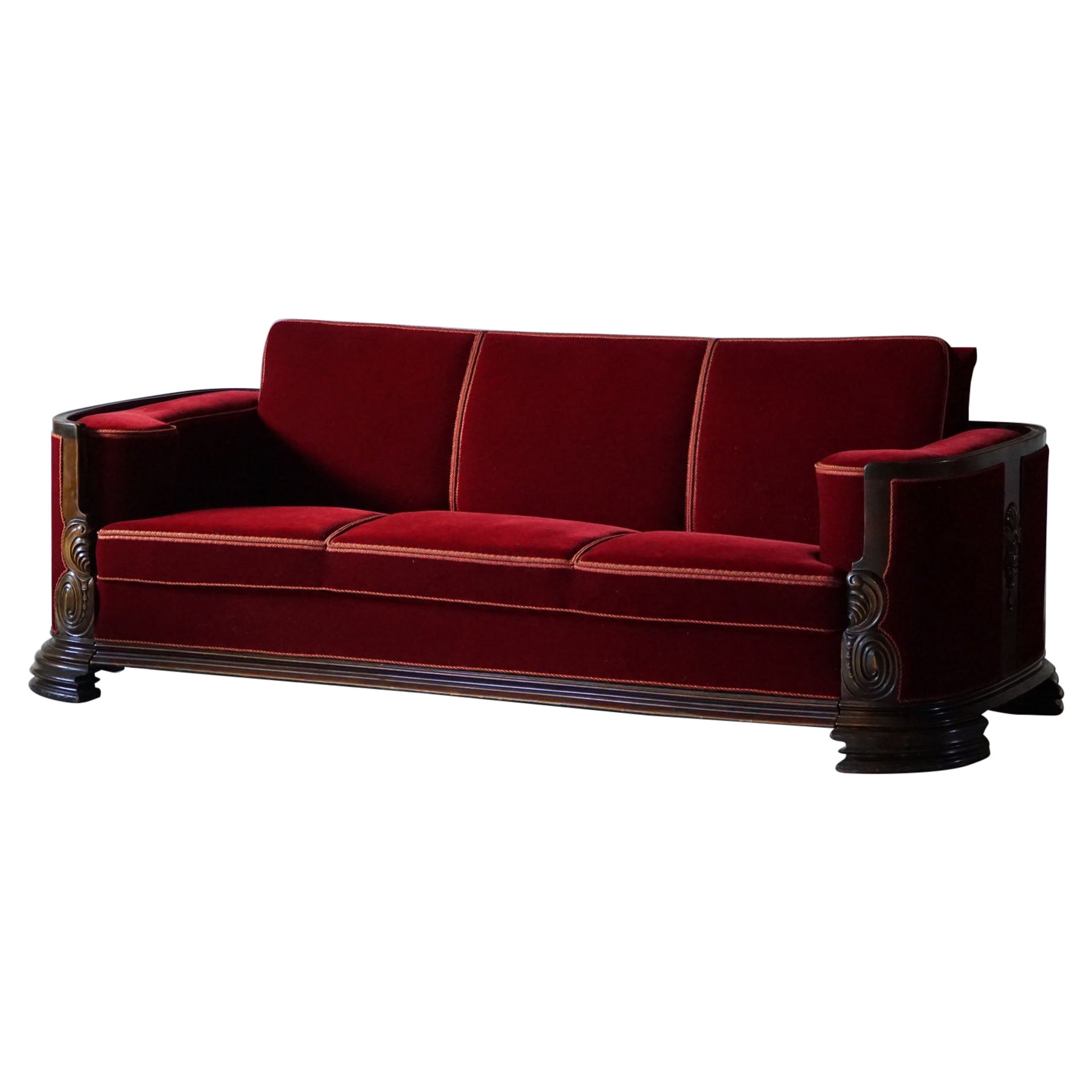 Antique Curved Danish Three Seater Sofa in Velvet, Empire, 19th Century