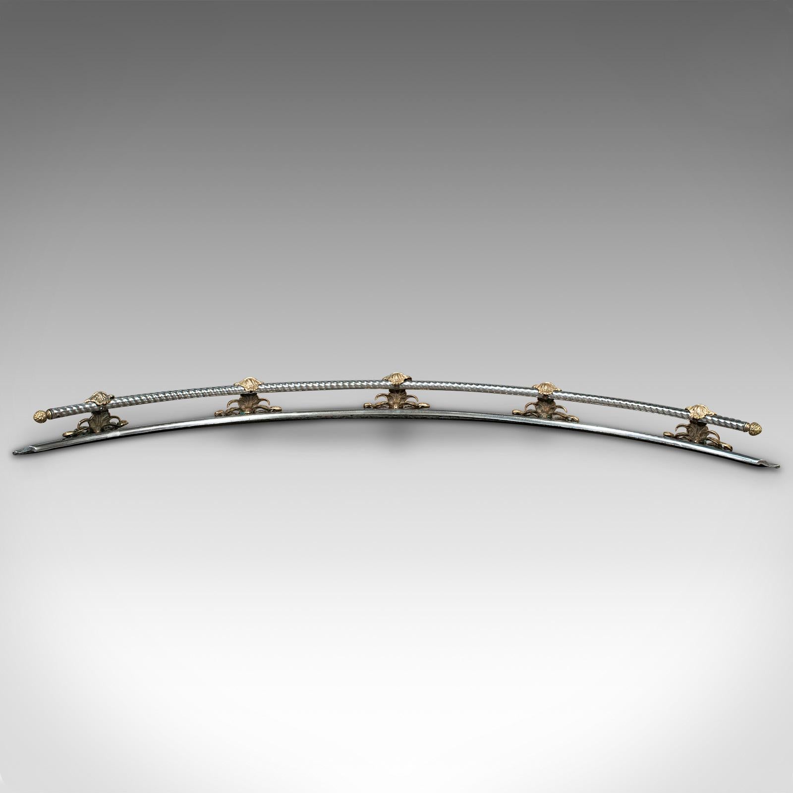 19th Century Antique Curved Fire Fender, English Steel, Brass, Fireside Kerb, Victorian, 1850 For Sale