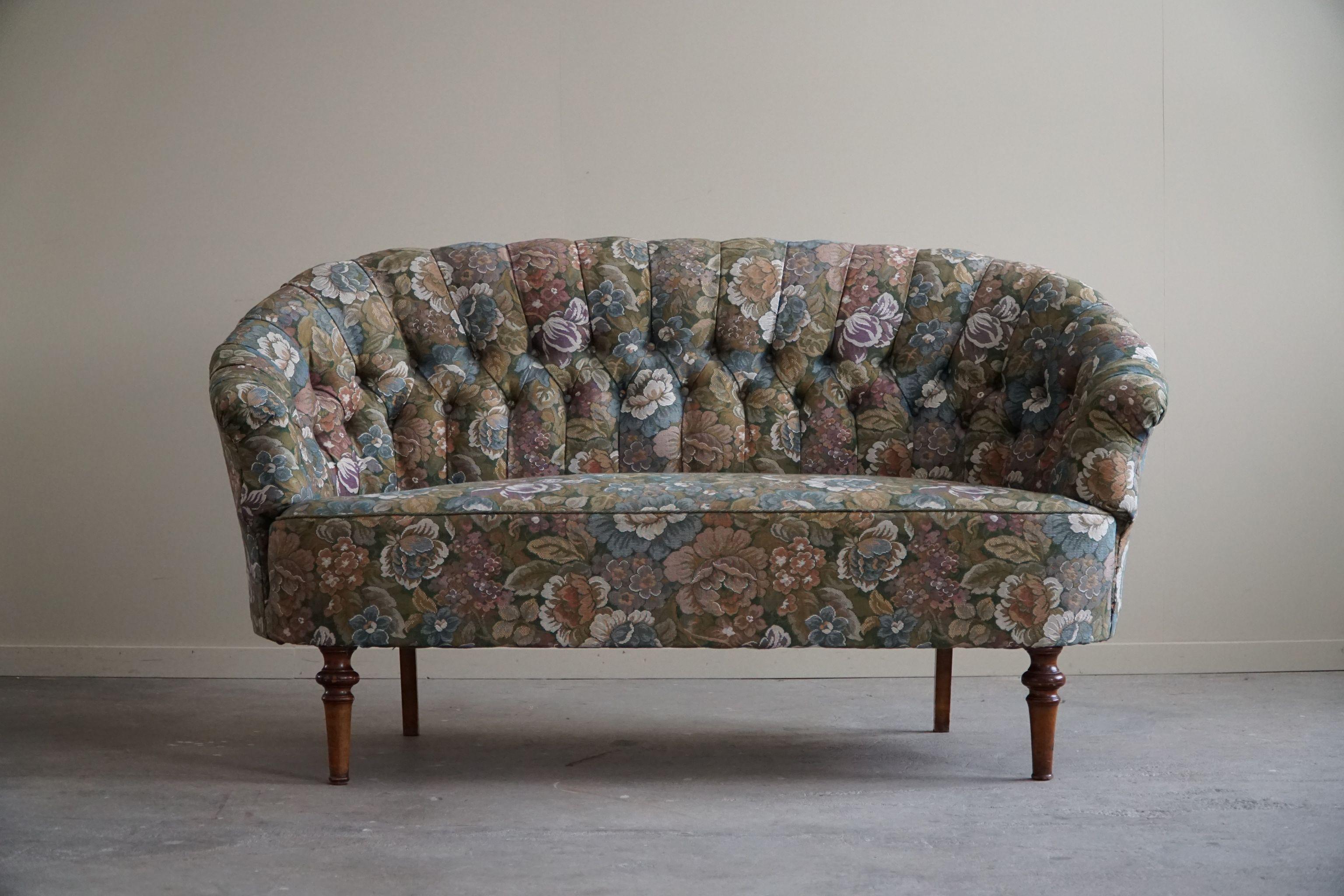 Baroque Antique Curved Sofa with Flora Fabric, By a Danish Cabinetmaker, Early 1900s