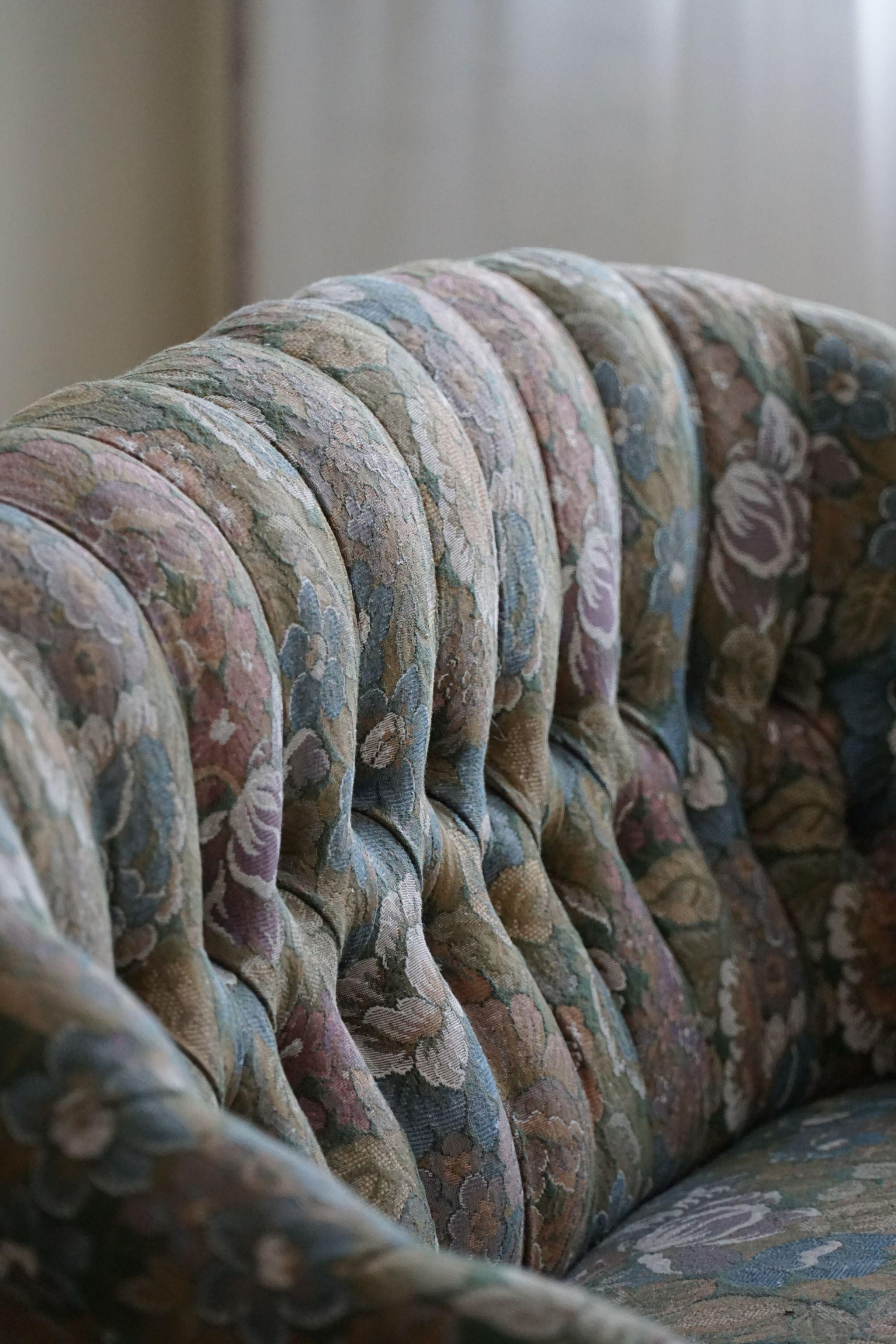 Hand-Crafted Antique Curved Sofa with Flora Fabric, By a Danish Cabinetmaker, Early 1900s