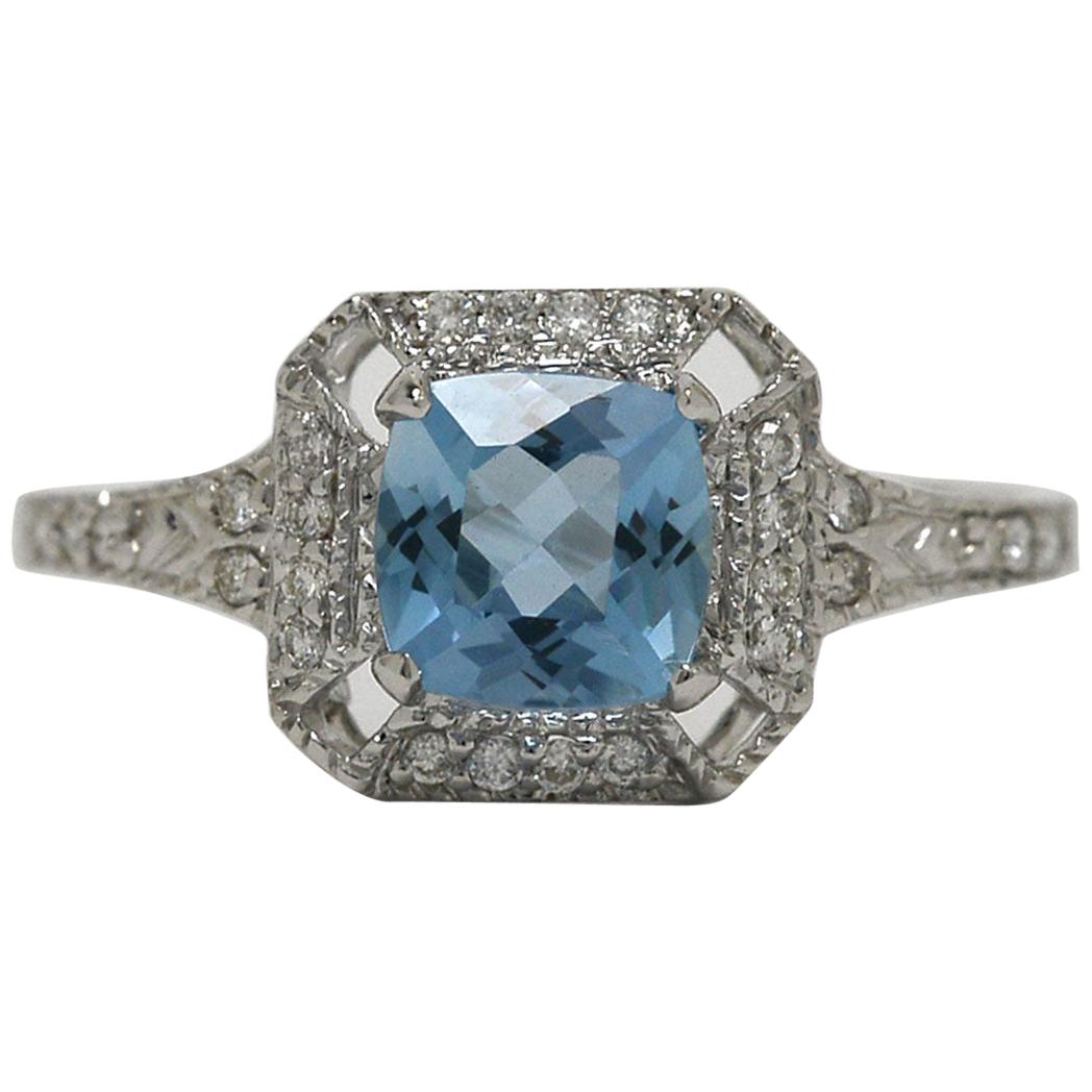 Antique Cushion Cut Aquamarine 18 Karat Gold Diamond Square Engagement