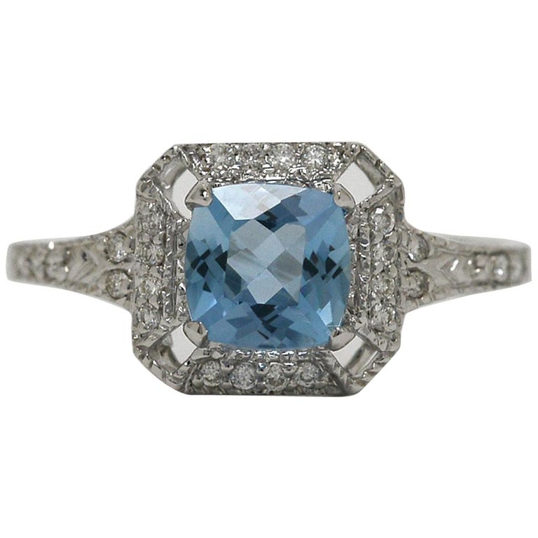 Antique Cushion Cut Aquamarine 18 Karat Gold Diamond Square Engagement