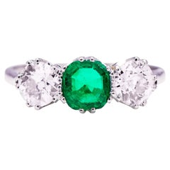 Antique Cushion Cut Colombian Emerald Diamond Engagement Ring Three-Stone Rings