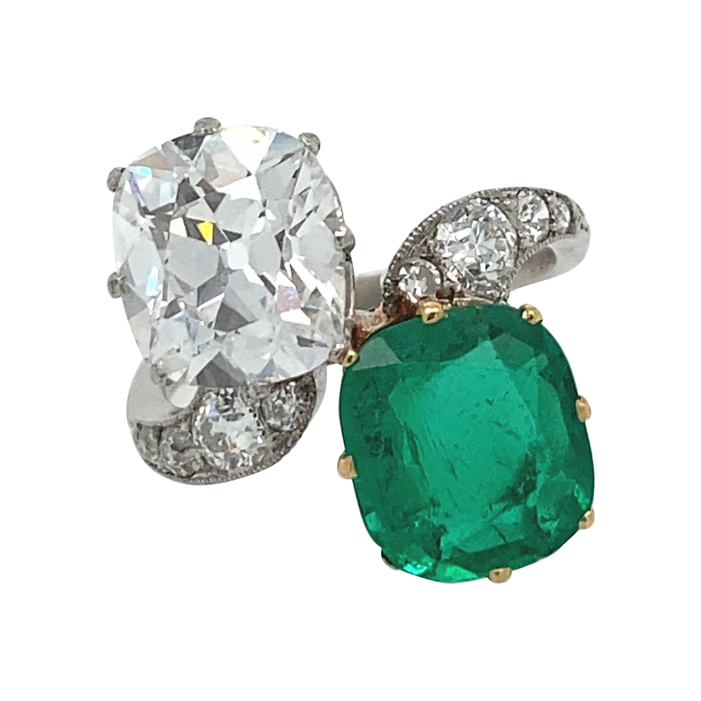 Antique Cushion Cut Diamond and Columbia Emerald Ring For Sale