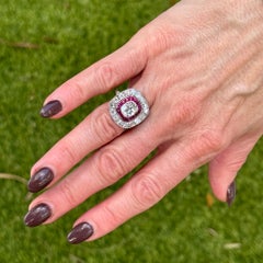 Antique Cushion Cut Diamond Ruby Platinum Art Deco Cocktail Ring