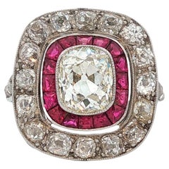 Antique Cushion Cut Diamond Ruby Platinum Art Deco Cocktail Ring
