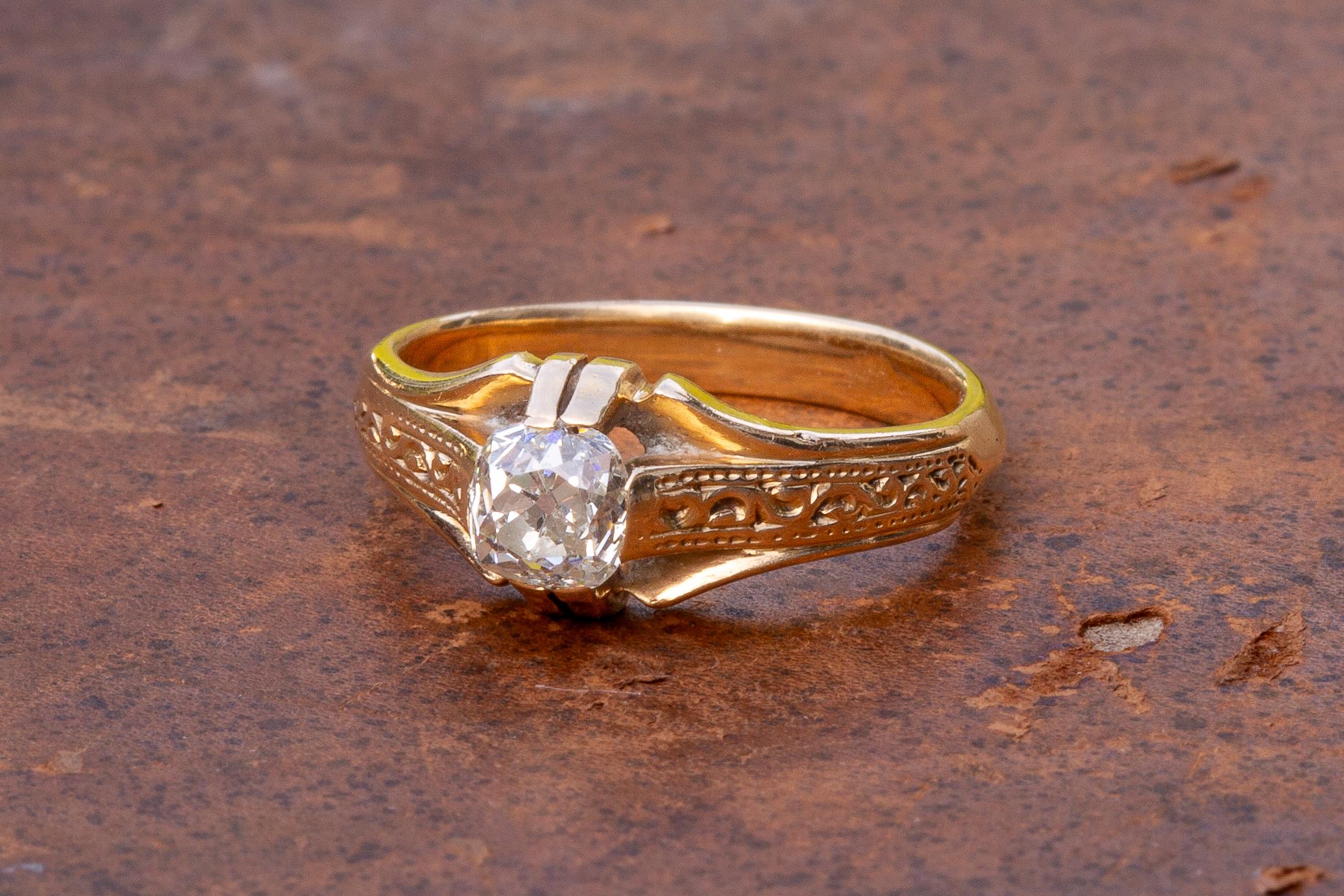 Victorian Antique Cushion Cut Diamond Solitaire 14K Gold Ring Band Signet Ring For Sale