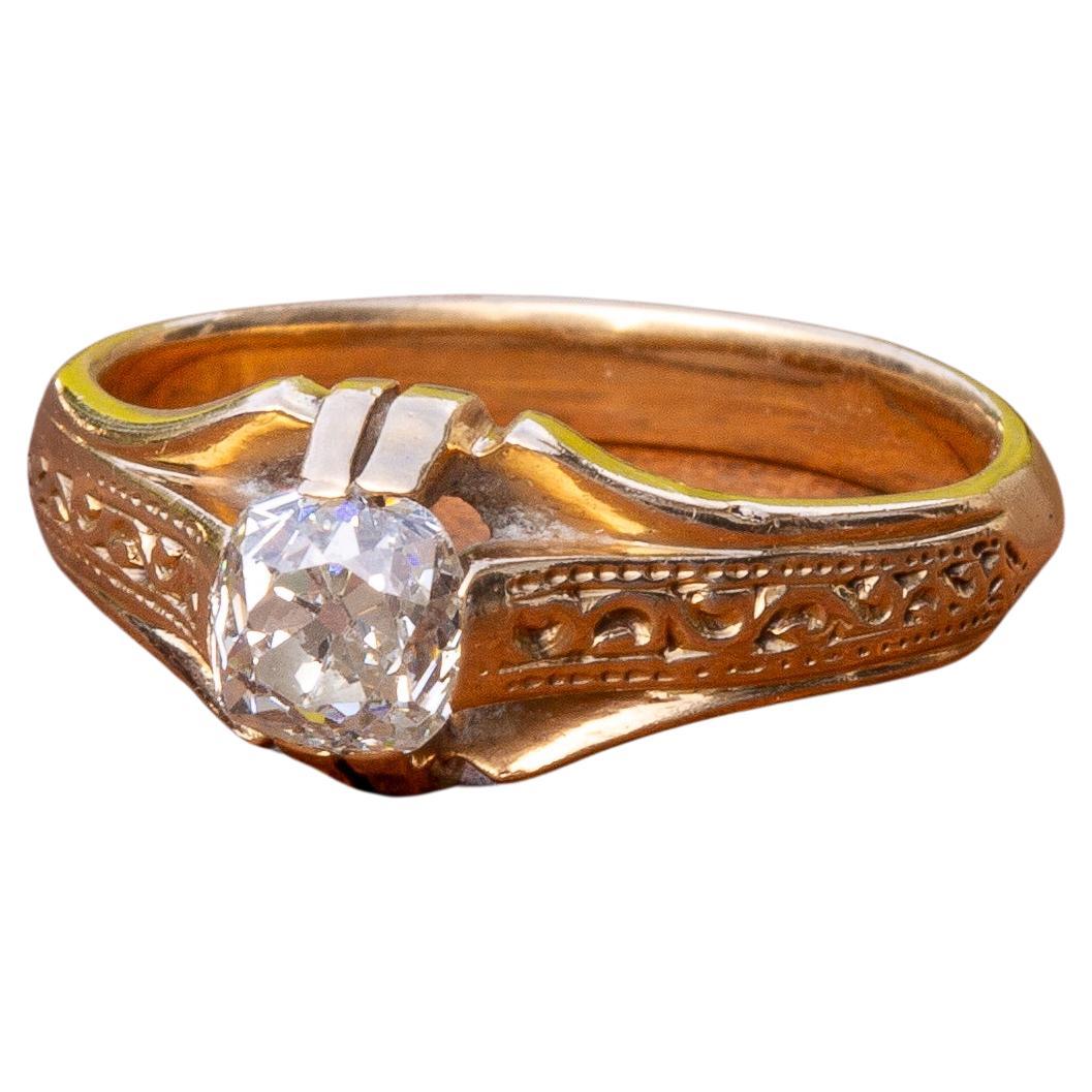 Antiquities Cushion Cut Diamond Solitaire 14K Gold Ring Band Signet Ring