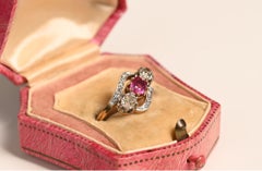 Antique Ruby Engagement Ring. Cushion Ruby Diamond 3 Stone Ring 18K Yellow Gold