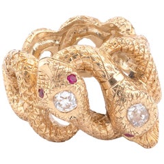 Antique Cushion Diamond and Gold Entwined Double Snake Ring, circa 1900