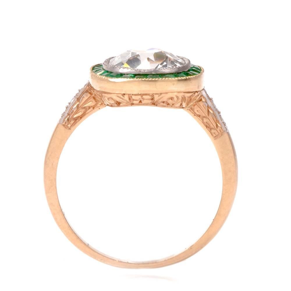Antique Cushion Diamond Emerald Gold Engagement Ring In Excellent Condition In Miami, FL