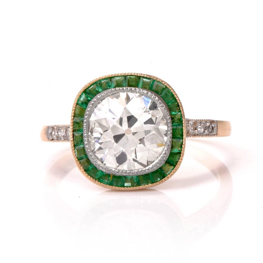 Women's Antique Cushion Diamond Emerald Gold Engagement Ring