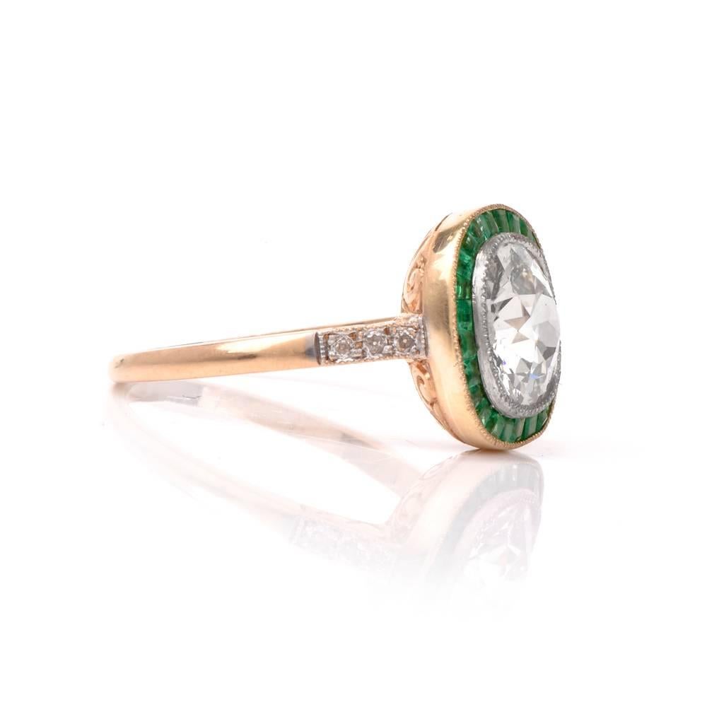 Antique Cushion Diamond Emerald Gold Engagement Ring 1