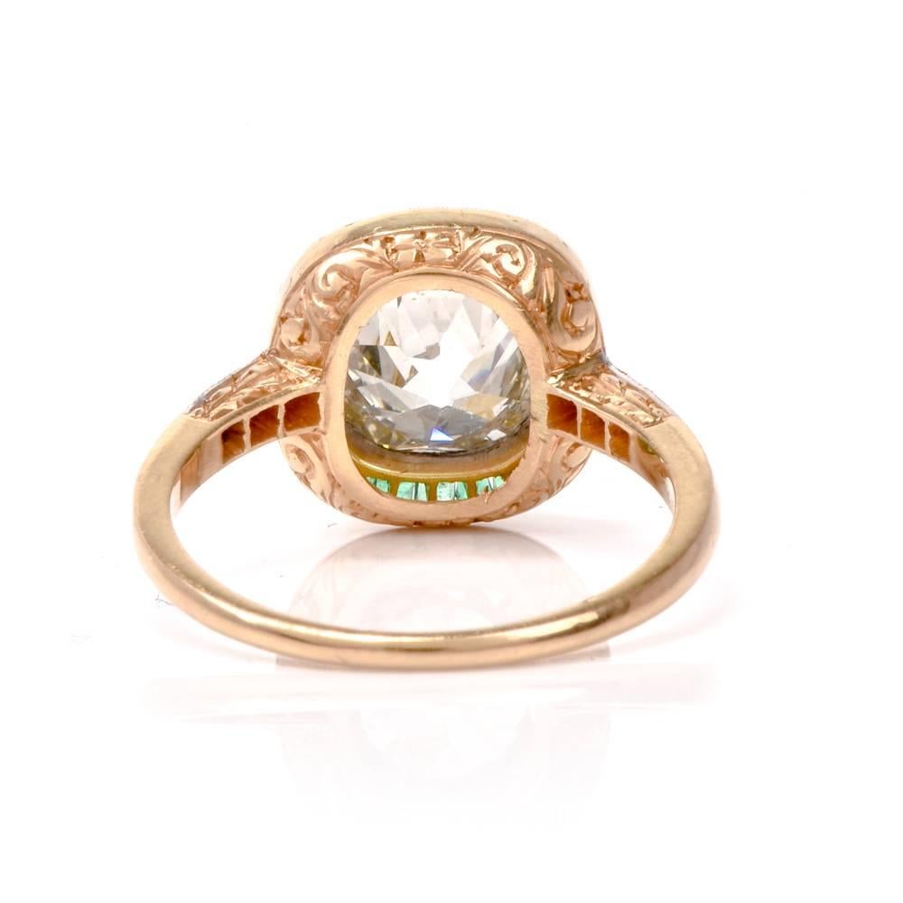 Antique Cushion Diamond Emerald Gold Engagement Ring 2