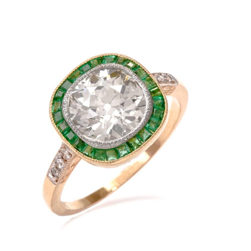 Antique Cushion Diamond Emerald Gold Engagement Ring 3