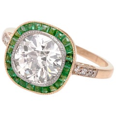 Antique Cushion Diamond Emerald Gold Engagement Ring