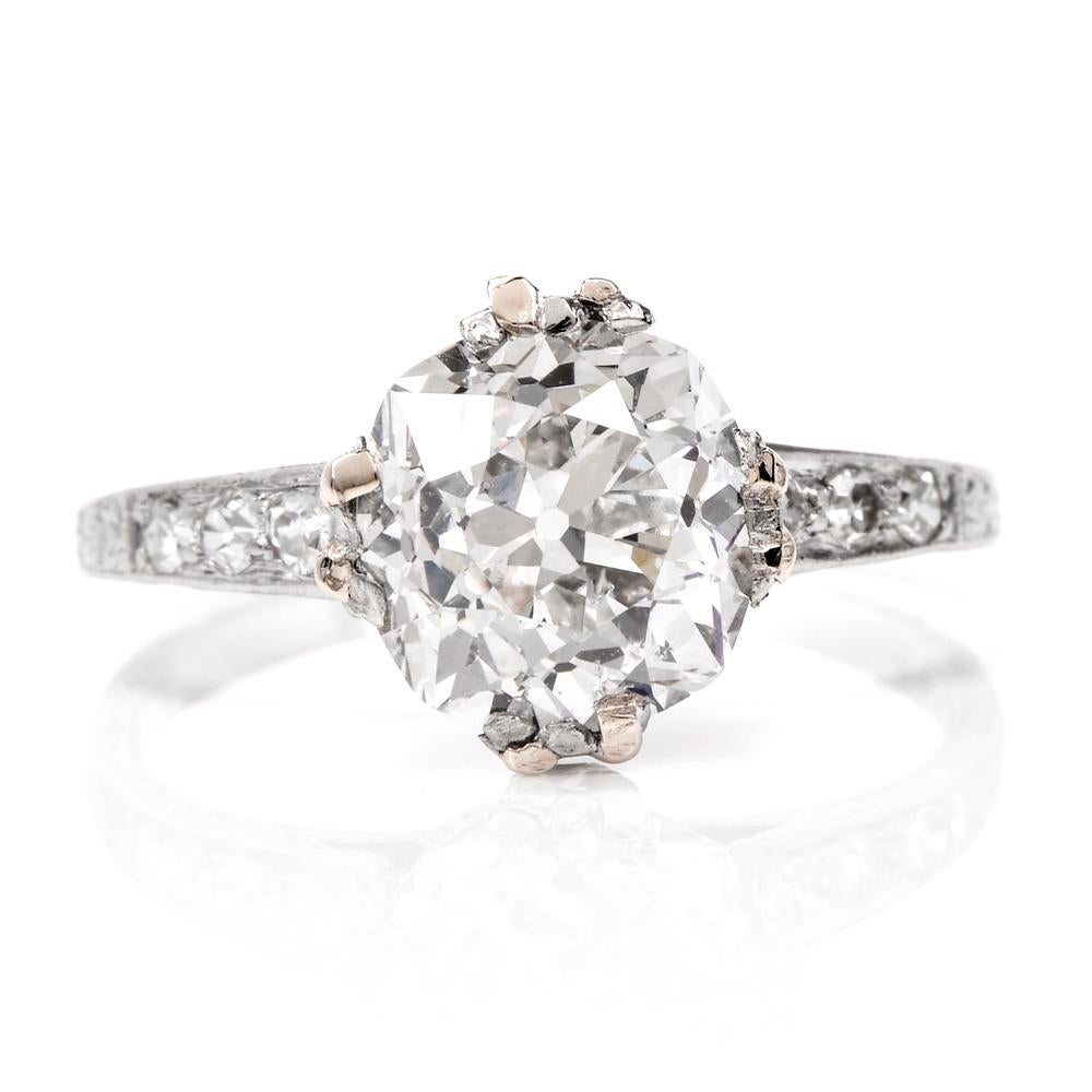 Antique Cushion Diamond Platinum Engagement Ring In Good Condition In Miami, FL