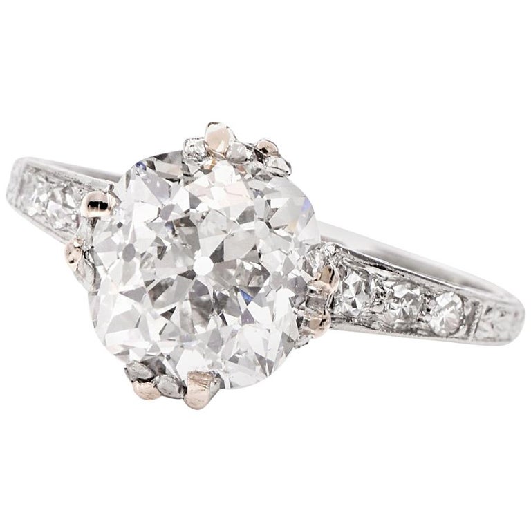 Antique Cushion Diamond Platinum Engagement Ring at 1stDibs