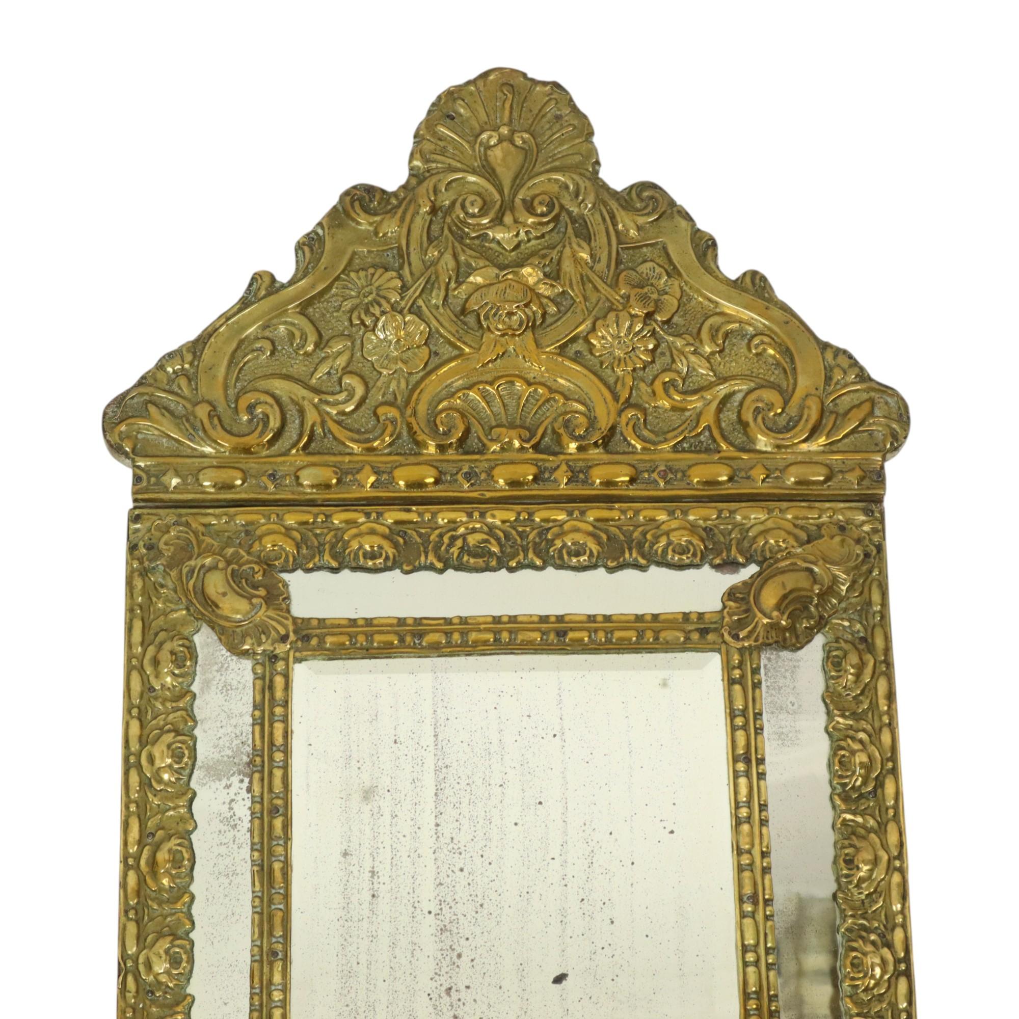Belle Époque Antique Cushion Mirror Repousse Mirror Facet France 19th Century For Sale