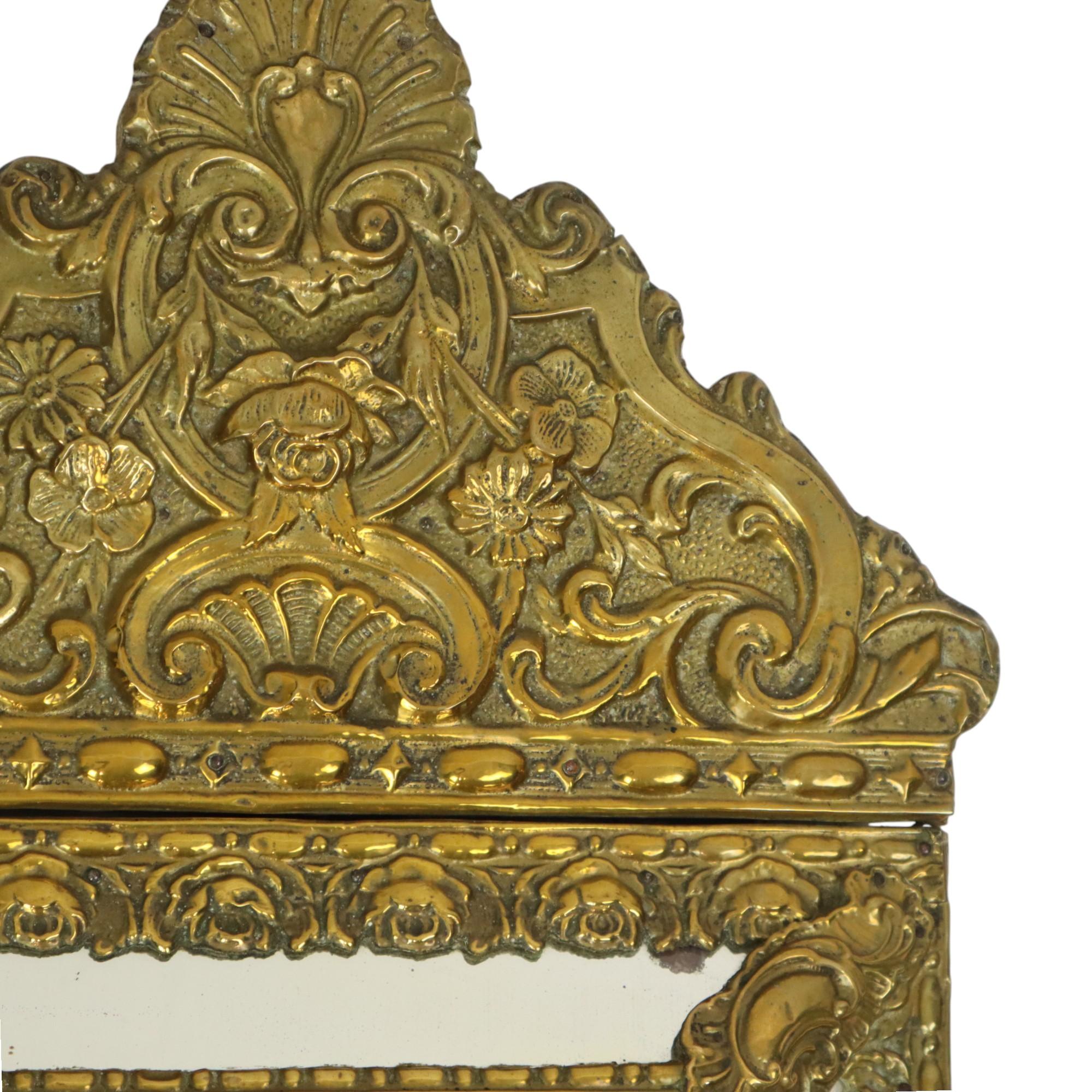 Brass Antique Cushion Mirror Repousse Mirror Facet France 19th Century For Sale