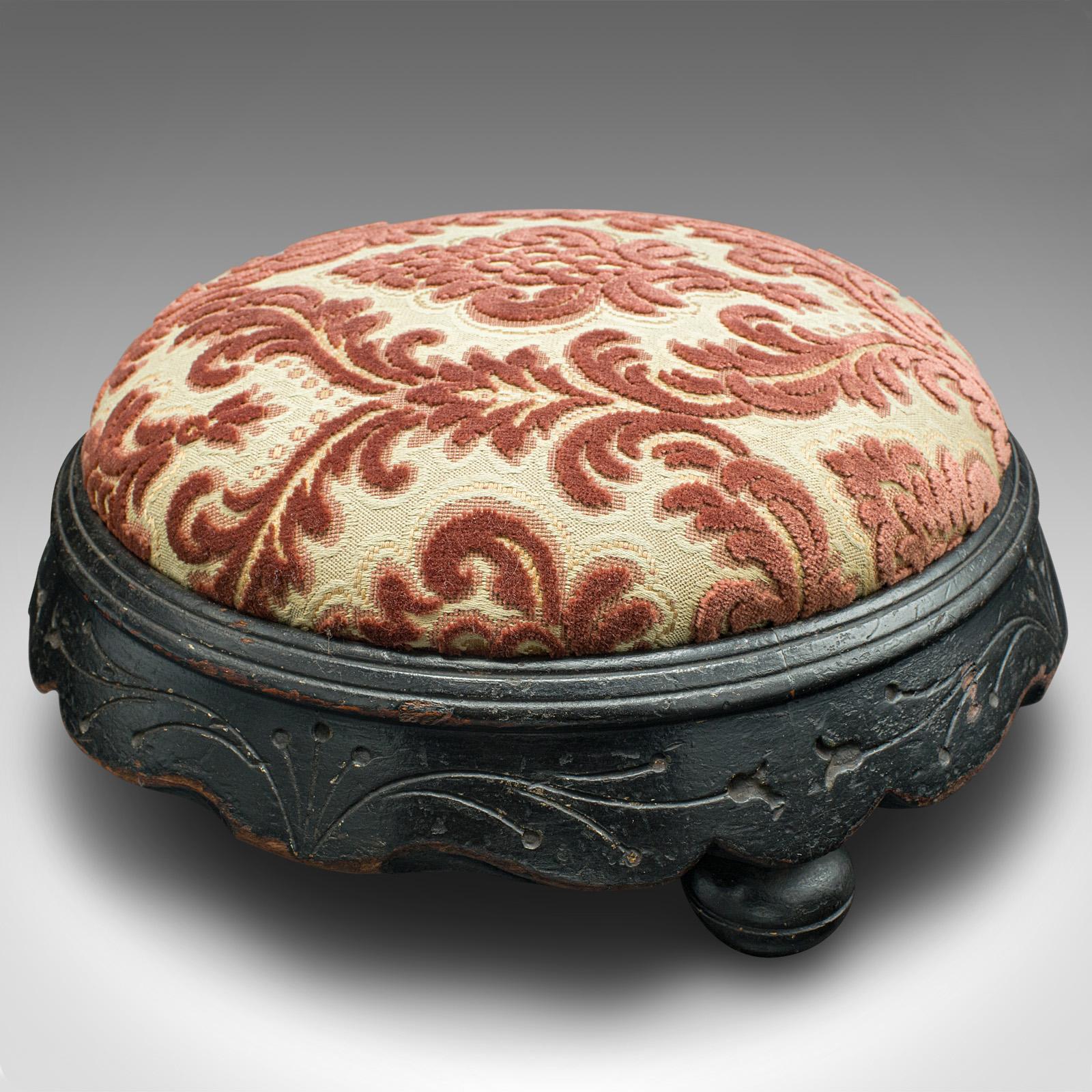 British Antique Cushioned Stool, English, Ebonised, Footstool, Art Nouveau, Victorian For Sale