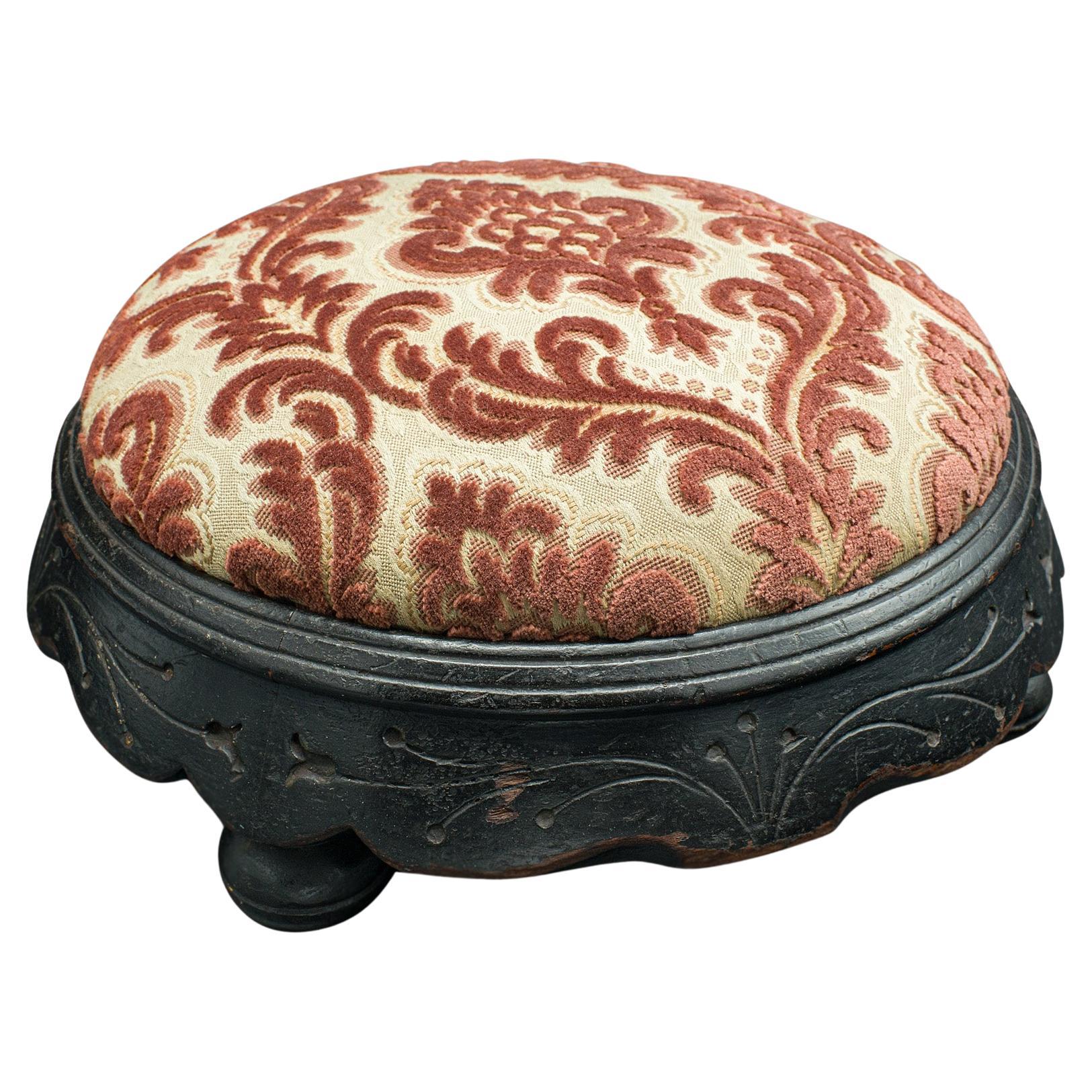 Antique Cushioned Stool, English, Ebonised, Footstool, Art Nouveau, Victorian For Sale