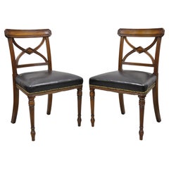 Antique Custom English Regency Solid Mahogany Black Leather Side Chair, a Pair