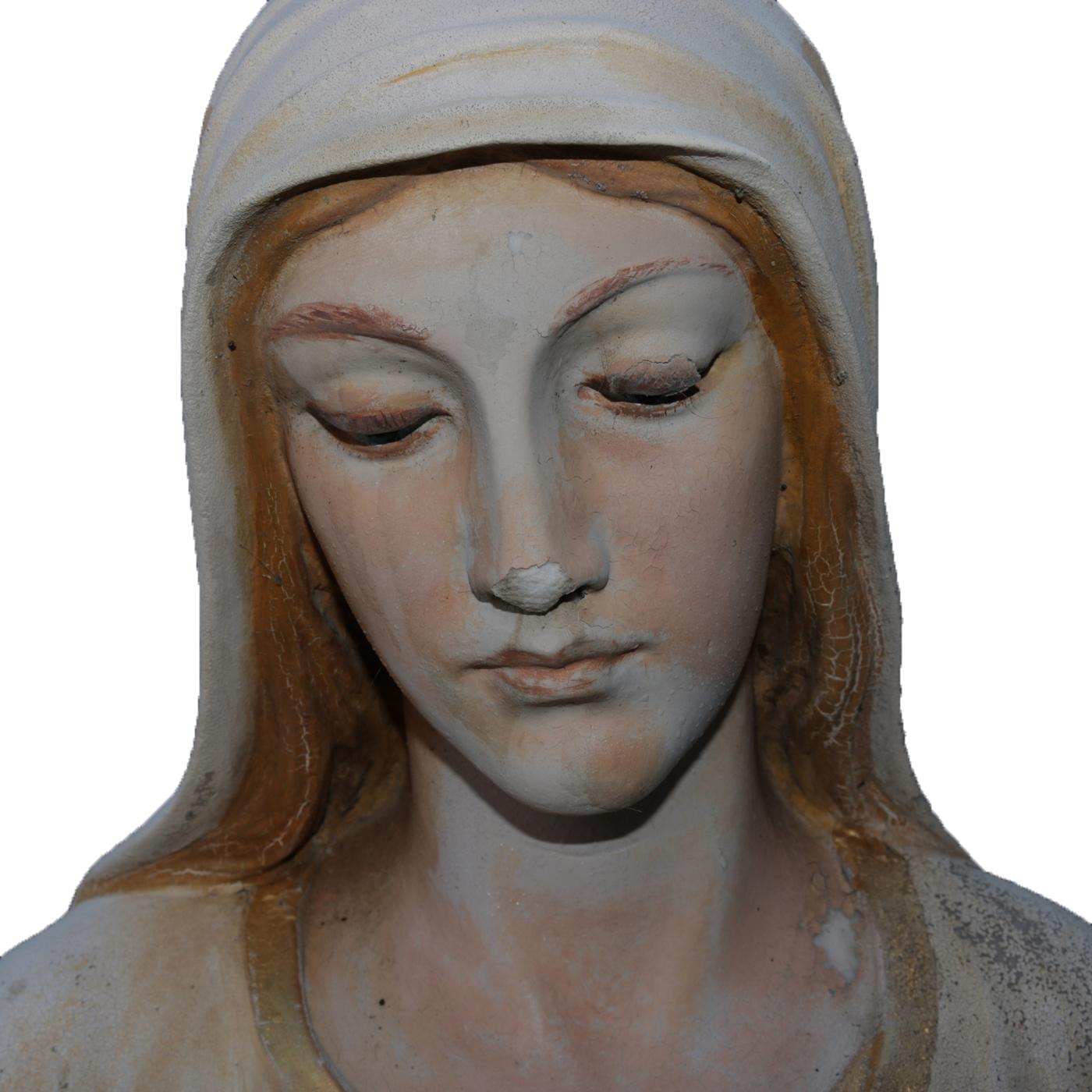 Magnificent life-size polychrome marble Italian statue of the Mother Mary features detailed carving and gilt highlights on the crown and robe, circa 1920. Deaccessioned from a Syracuse, NY basilica,  crown is not original to statue.

Measures: