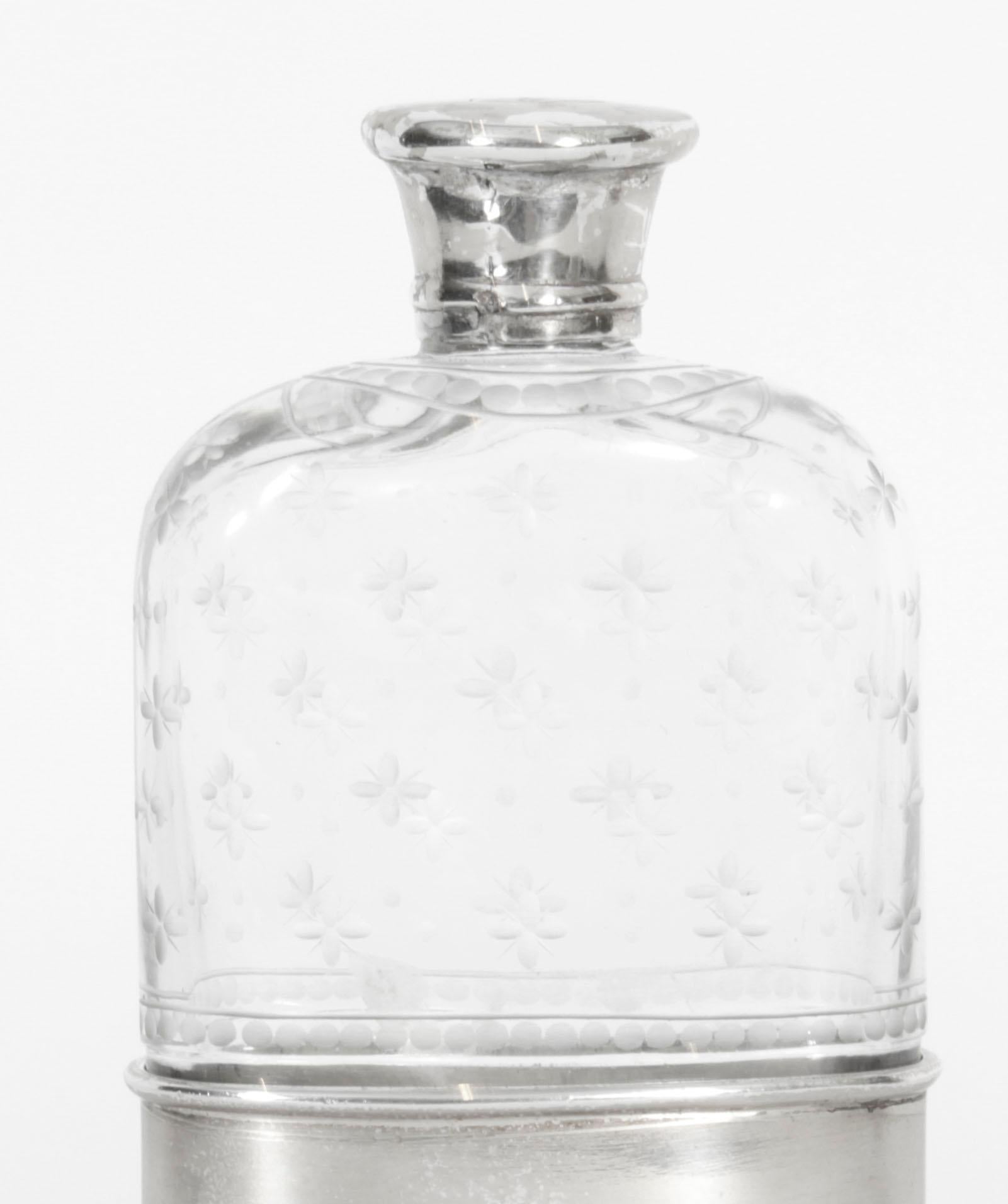 Victorian Antique Cut Crystal and Sterling Silver Hip Flask 1867 19th C For Sale