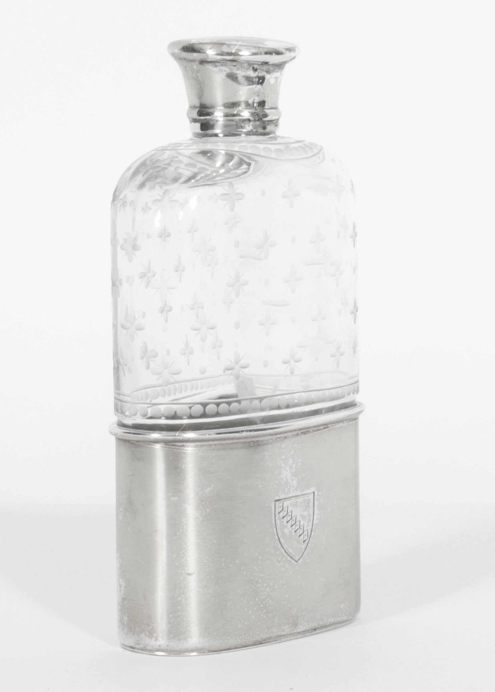 English Antique Cut Crystal and Sterling Silver Hip Flask 1867 19th C For Sale