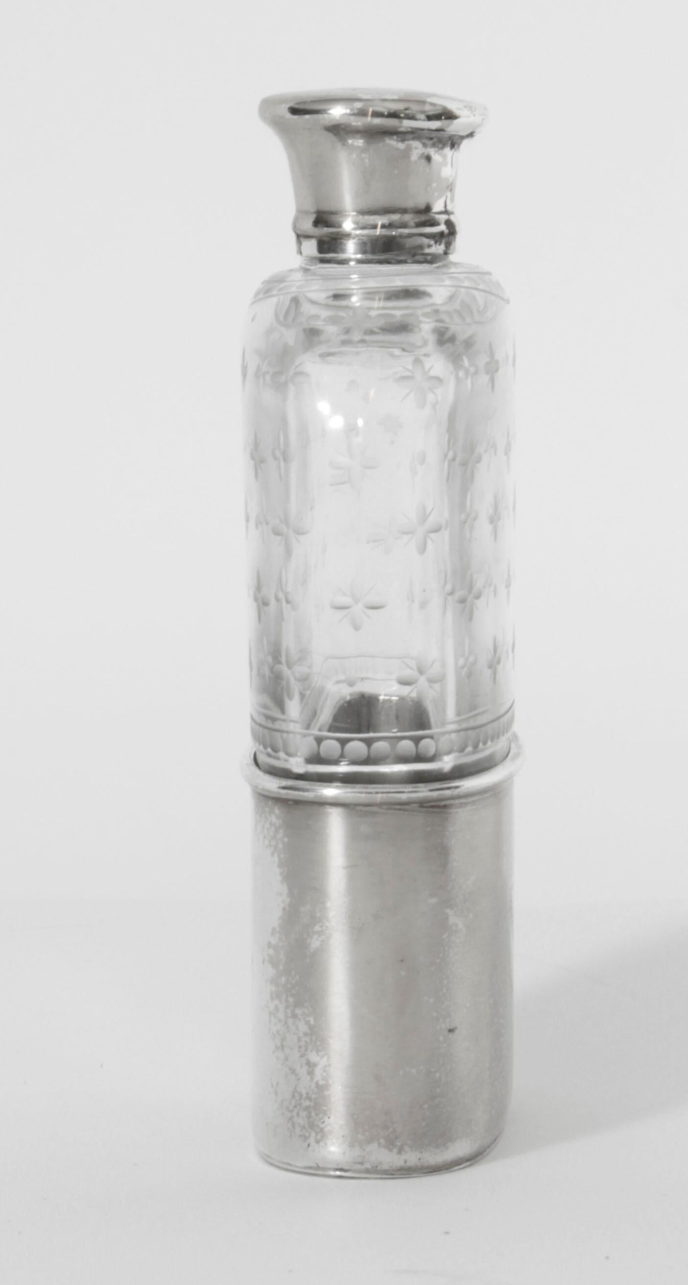 Mid-19th Century Antique Cut Crystal and Sterling Silver Hip Flask 1867 19th C For Sale