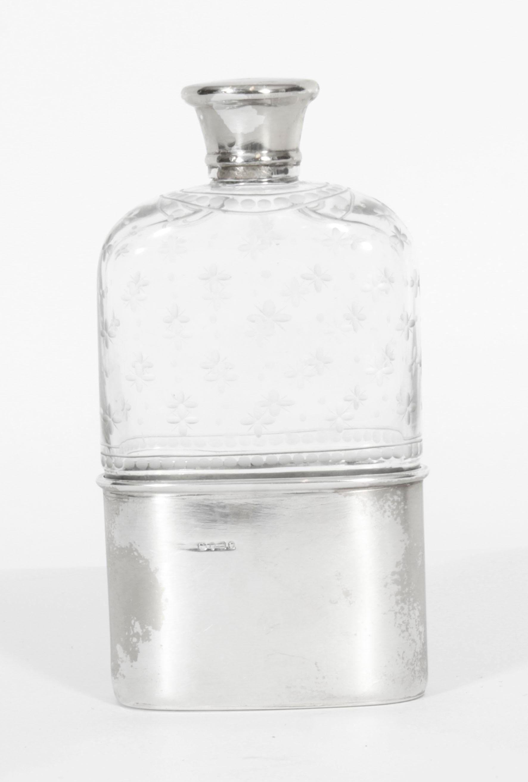 Antique Cut Crystal and Sterling Silver Hip Flask 1867 19th C 1