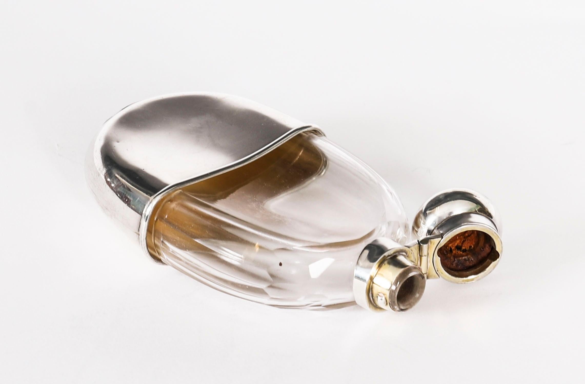 Early 20th Century Antique Cut Crystal and Sterling Silver Hip Flask Dated 1900 Asprey For Sale
