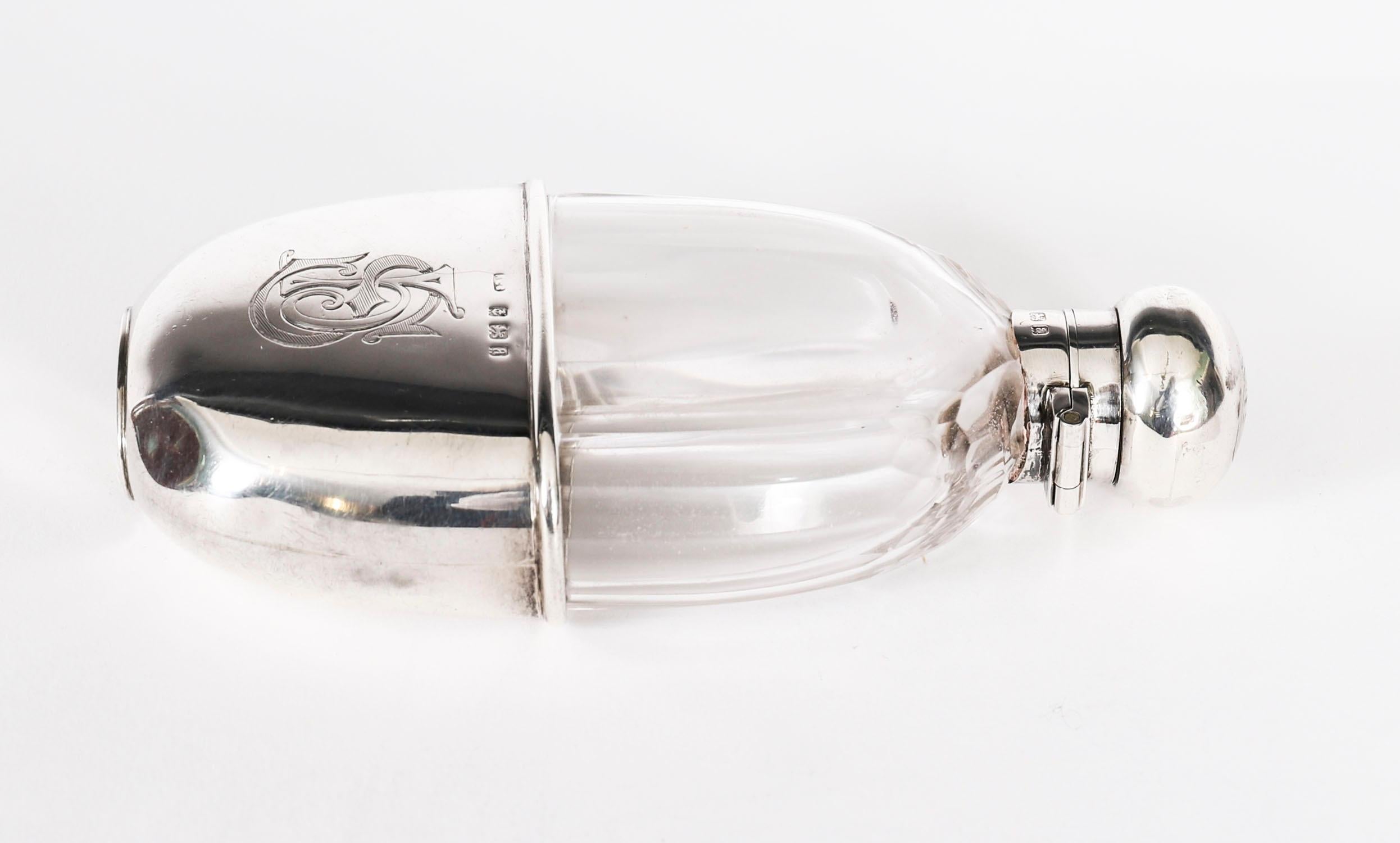 Antique Cut Crystal and Sterling Silver Hip Flask Dated 1900 Asprey For Sale 1