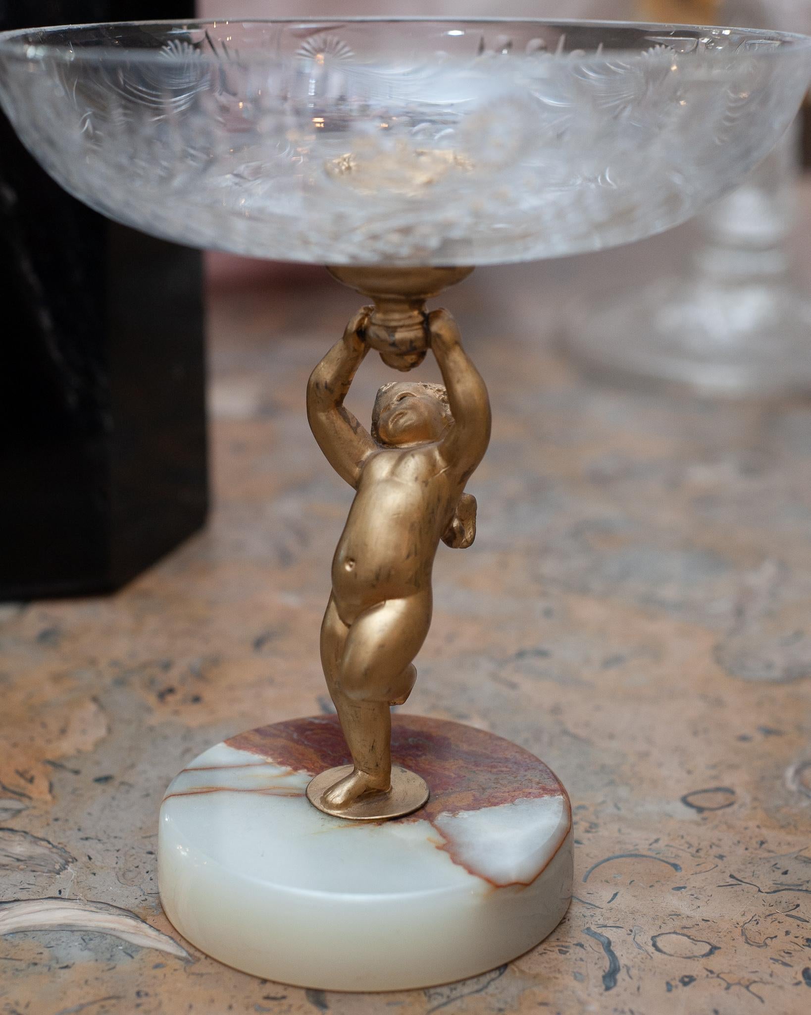 French Antique Cut Crystal Compote with Bronze Cherub and Onyx Base