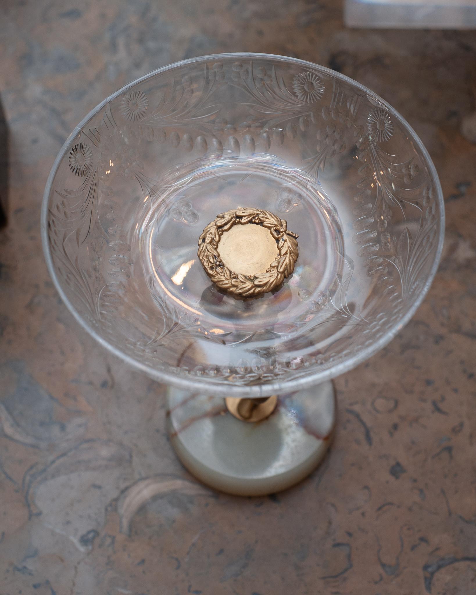 Antique Cut Crystal Compote with Bronze Cherub and Onyx Base In Good Condition In Toronto, ON