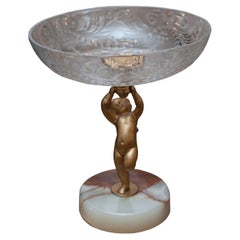 Antique Cut Crystal Compote with Bronze Cherub and Onyx Base