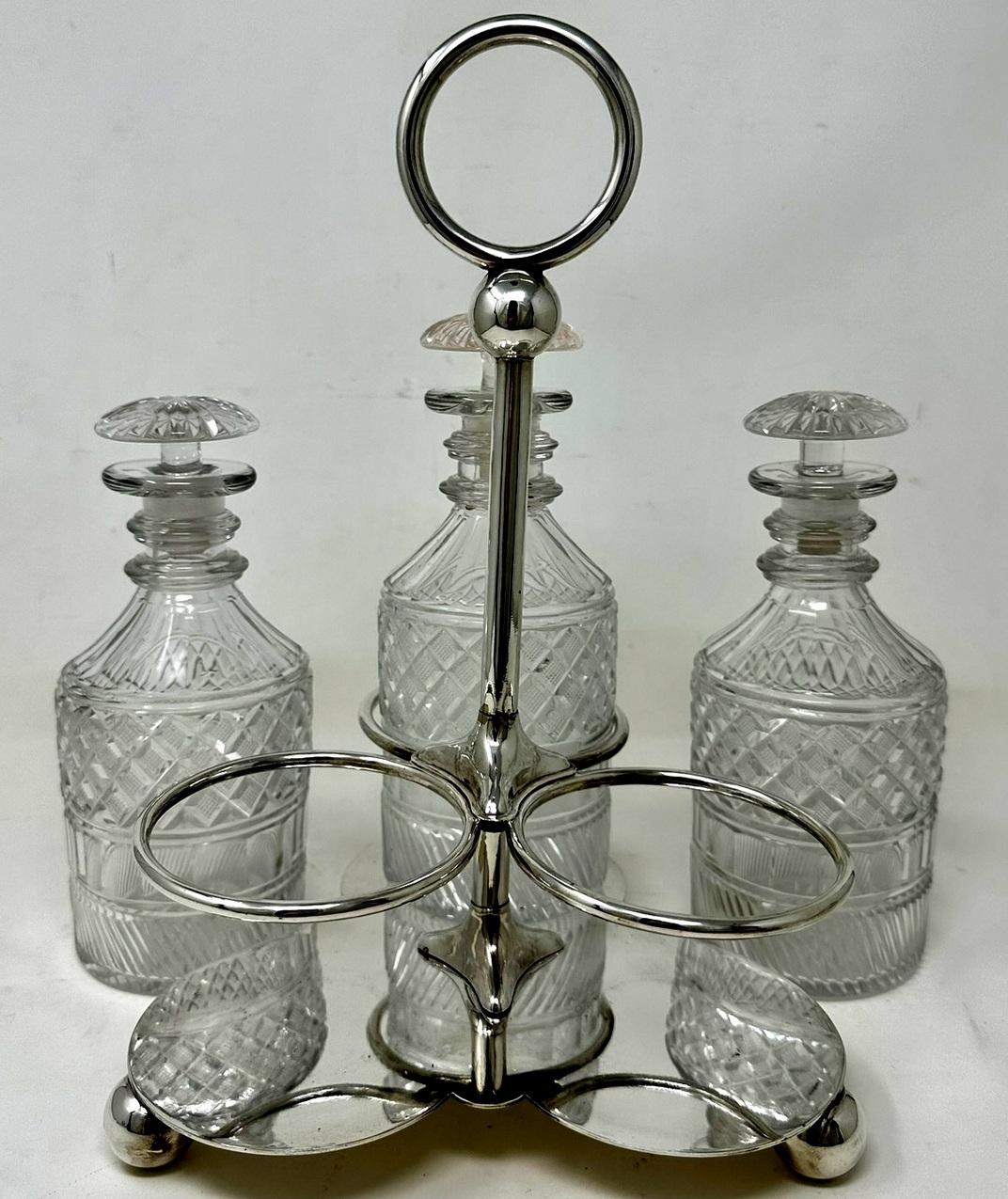 Victorian Antique Cut Crystal English Decanter Tantalus Silver Plated John Round Sheffield For Sale