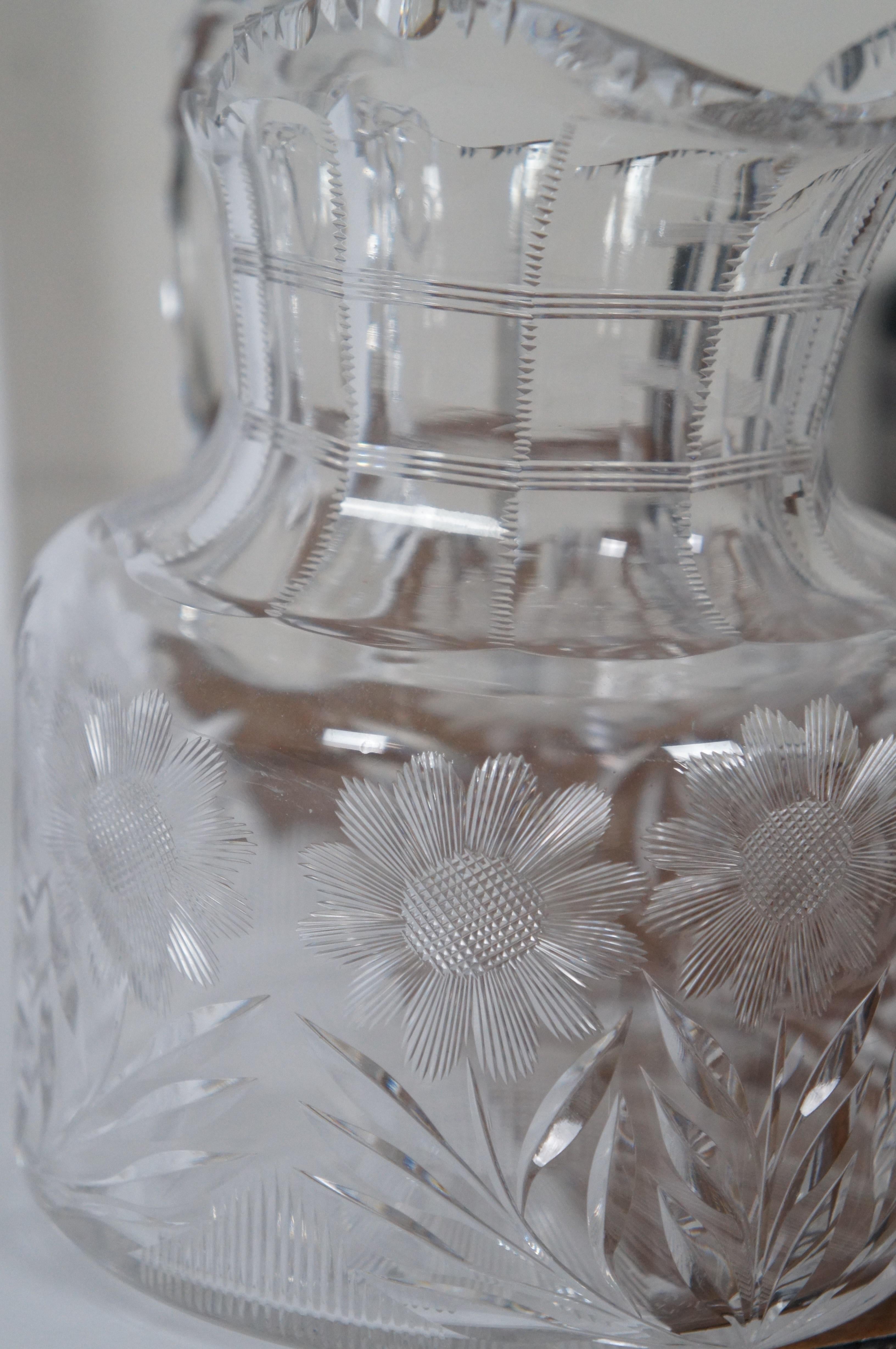 Antique Cut Crystal Floral Daisy Bar Drink Serving Pitcher & 6 Glasses  For Sale 7