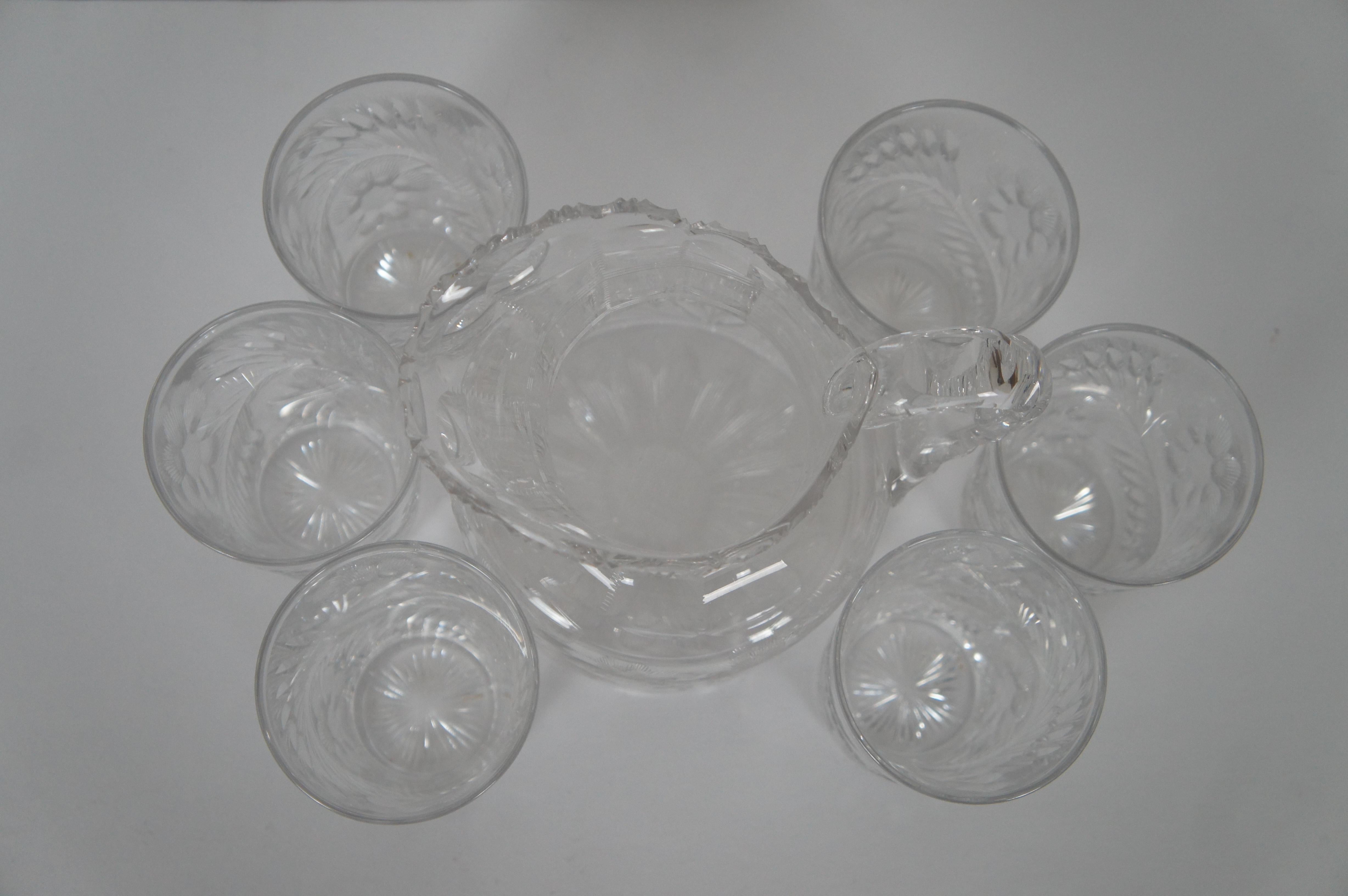 20th Century Antique Cut Crystal Floral Daisy Bar Drink Serving Pitcher & 6 Glasses  For Sale