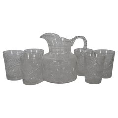 Antique Cut Crystal Floral Daisy Bar Drink Serving Pitcher & 6 Glasses