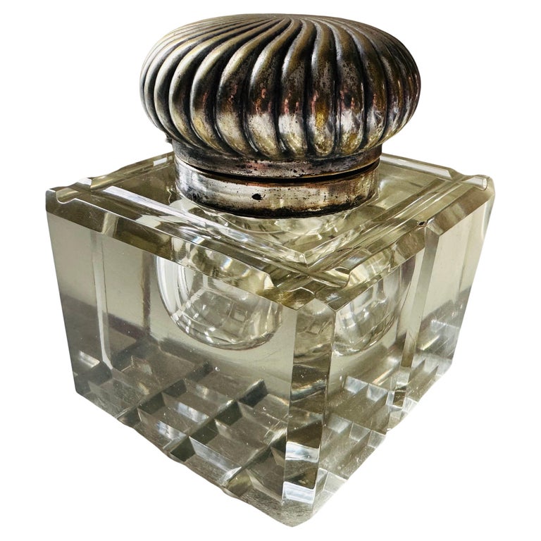 Antique Cut Crystal Glass and Silver Plate Inkwell For Sale at 1stDibs