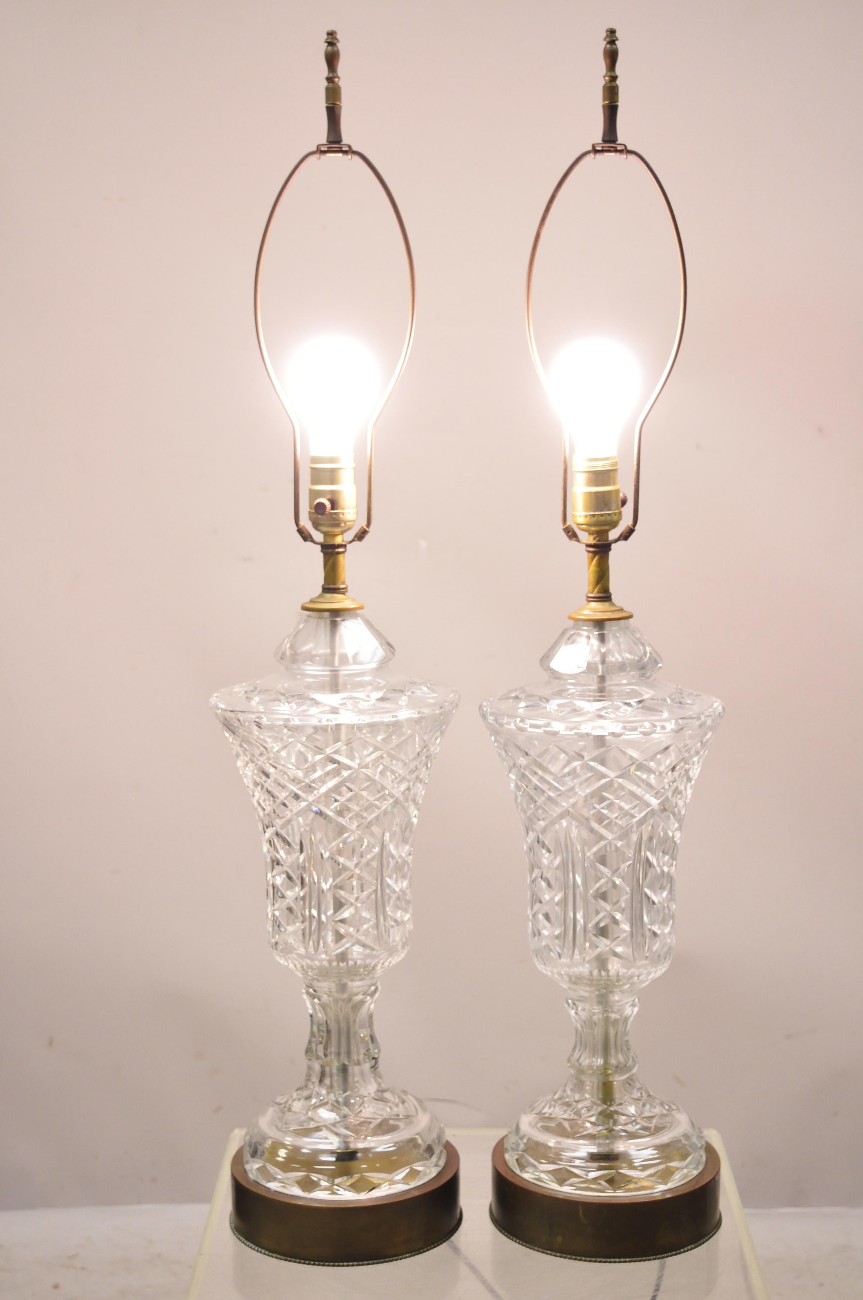 Antique Cut Crystal Glass Urn Form Body Brass Base Victorian Table Lamp, a Pair 2