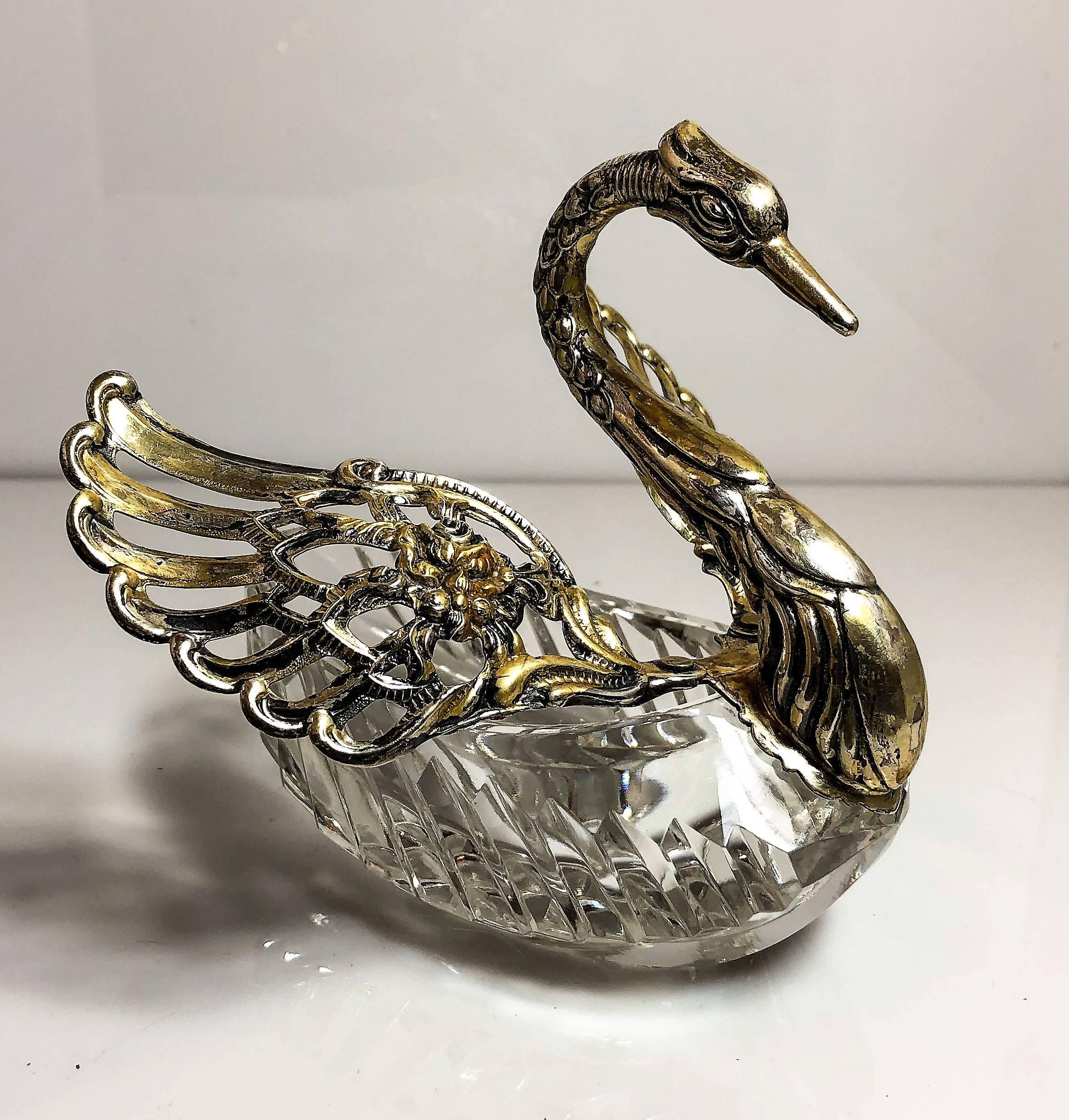 Antique cut crystal sterling silver master salt swan, circa 1920.