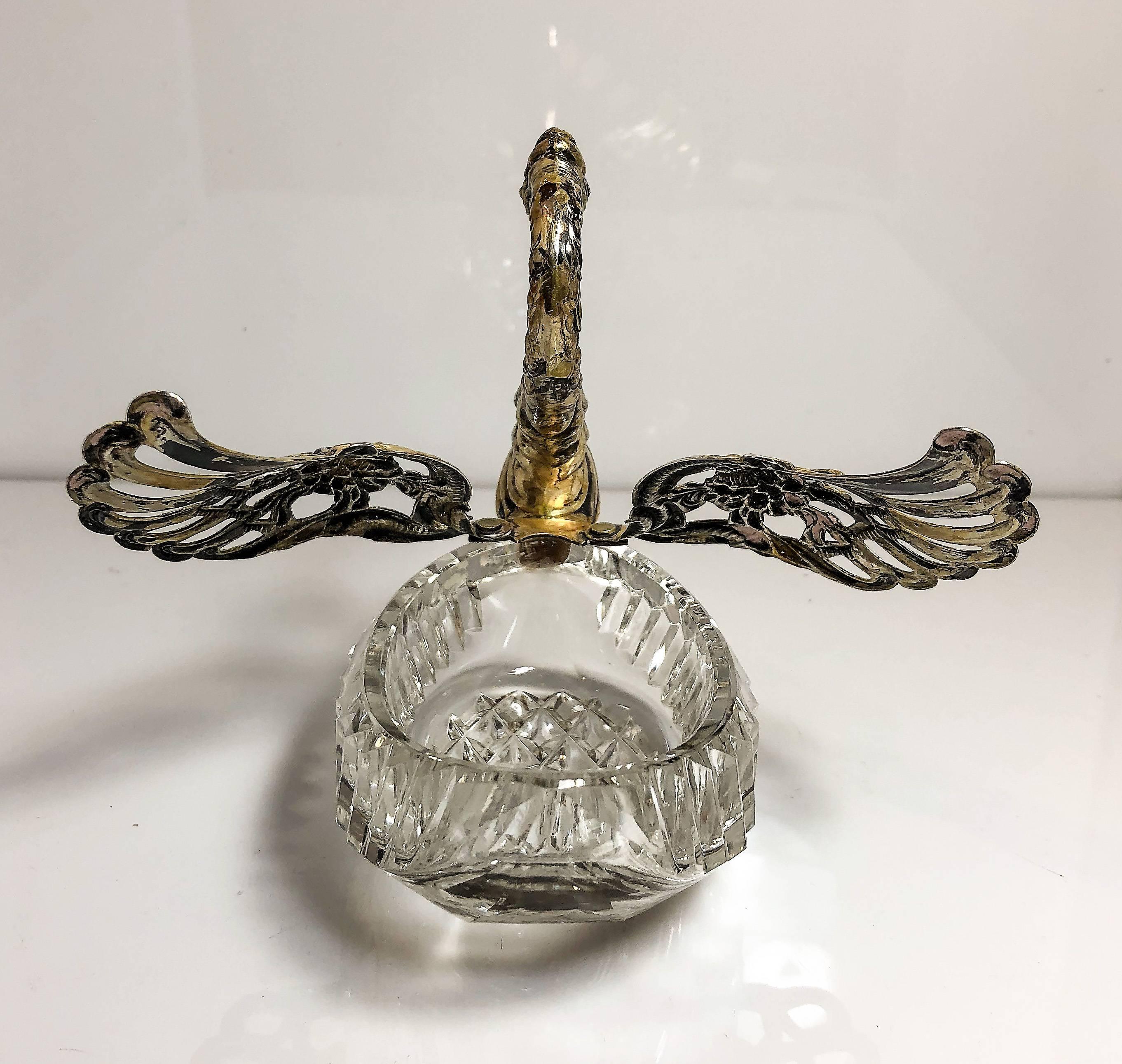 Antique Cut Crystal Sterling Silver Master Salt Swan, circa 1920 In Good Condition In New Orleans, LA