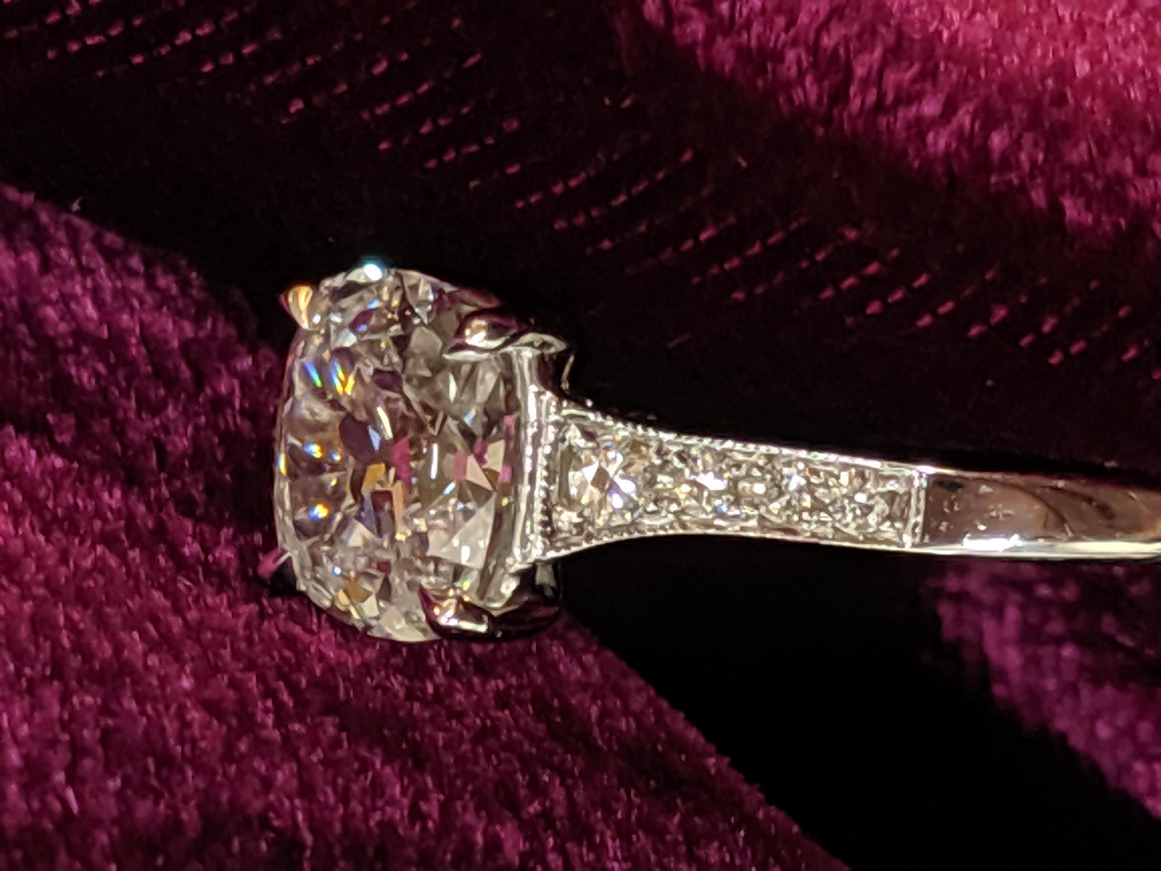This divinely simple antique style ring by Jack Reiss NYC features a vintage cut cushion diamond of .90 carats color E and Si2 clarity set in 18k white gold.  This type of diamond is available from Jack Reiss in sizes from 0.80 to five carat center